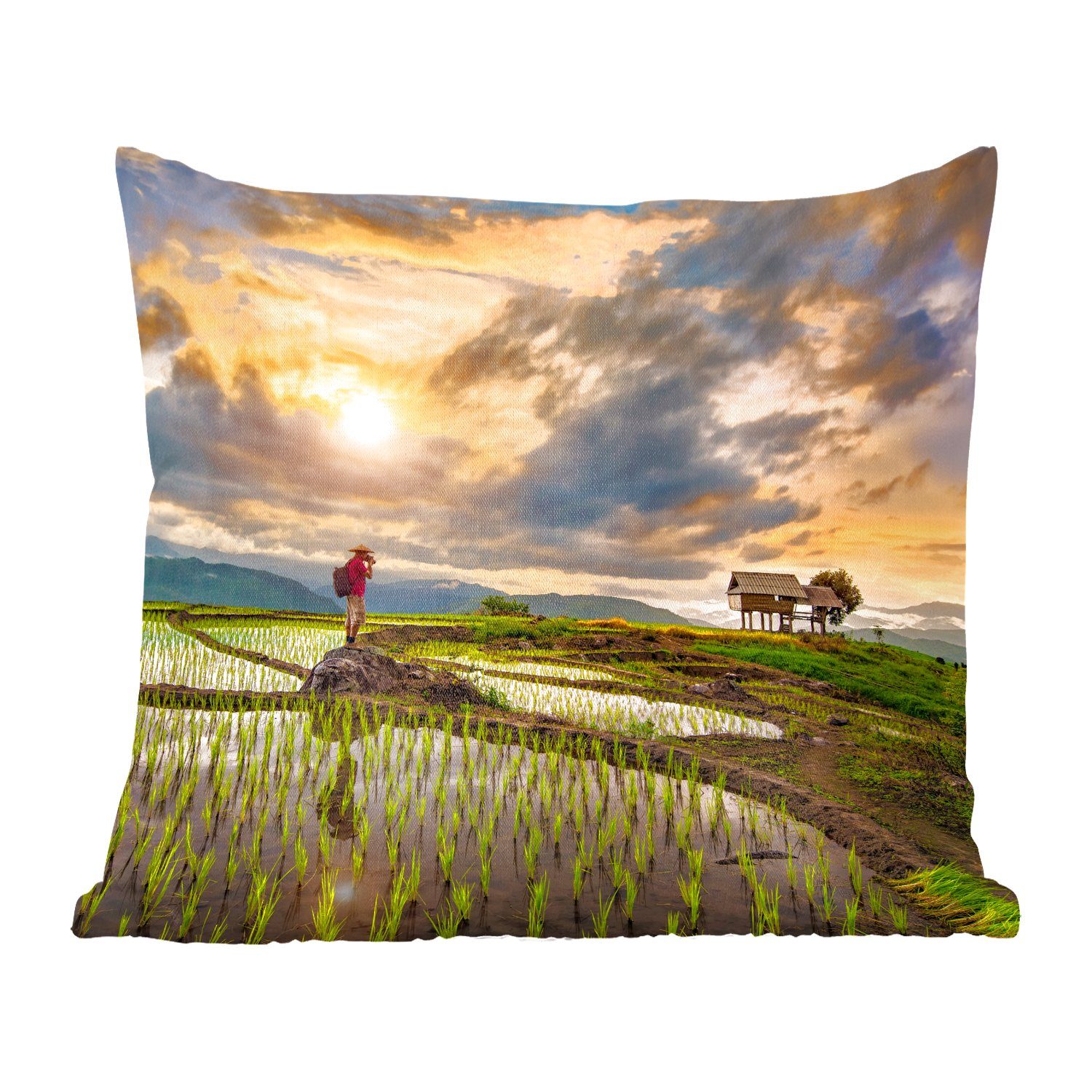 MuchoWow Dekokissen Die wunderschönen Reisfelder Thailands unter einem farbenprächtigen, Zierkissen mit Füllung für Wohzimmer, Schlafzimmer, Deko, Sofakissen