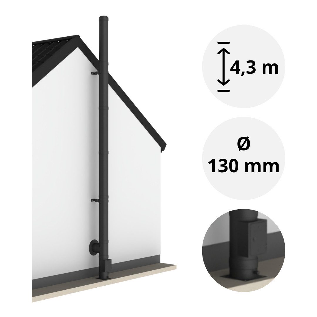 Jeremias Schornstein 4, 3 m Schornstein Ø130mm Komplettset DW DW-Black Bodenmontage, Ø 130 mm