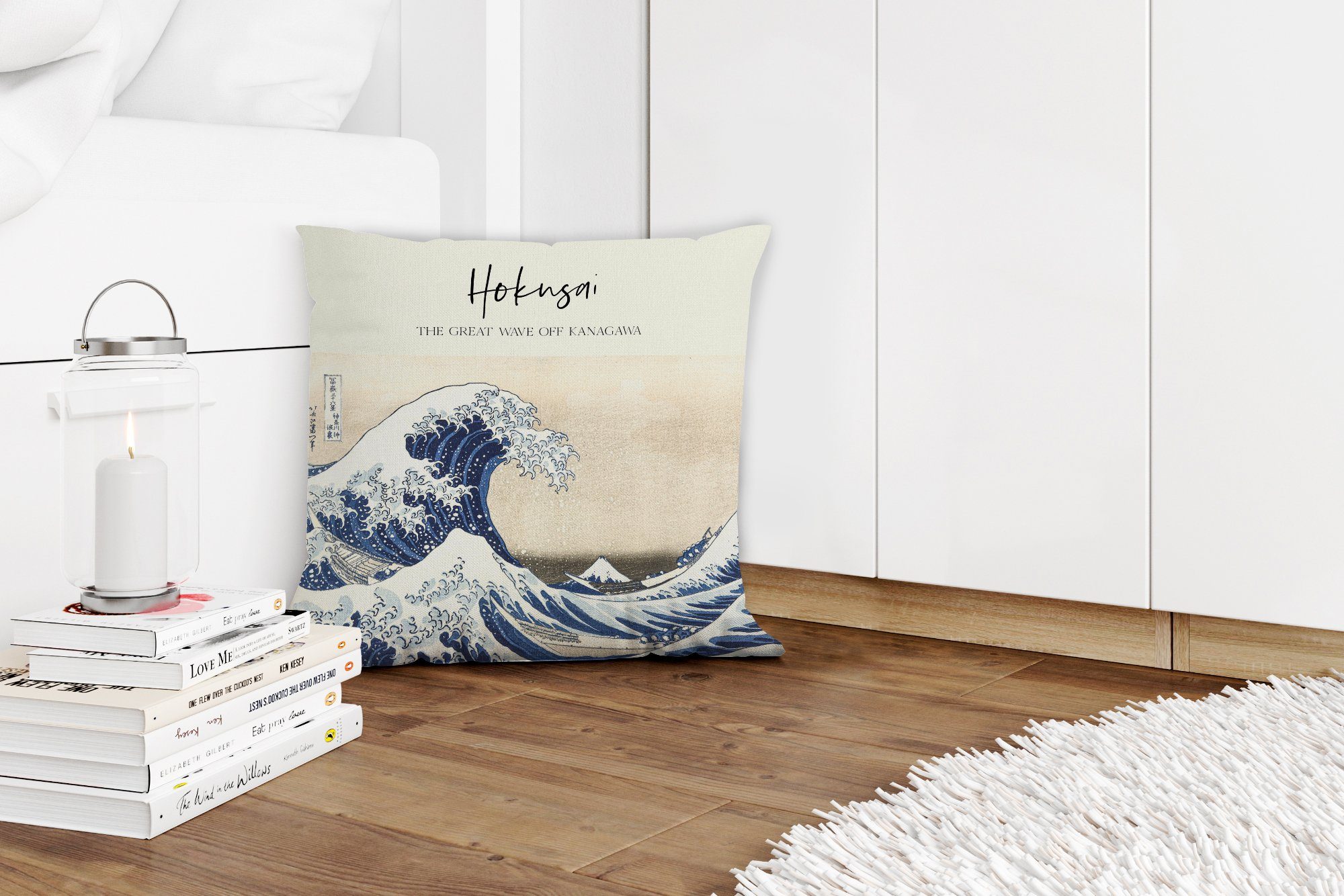 Kunst, Sofakissen Zierkissen Katsushika für Kanagawa MuchoWow Welle Dekokissen Japanische Füllung Wohzimmer, Hokusai große Schlafzimmer, - von Die - mit Deko,