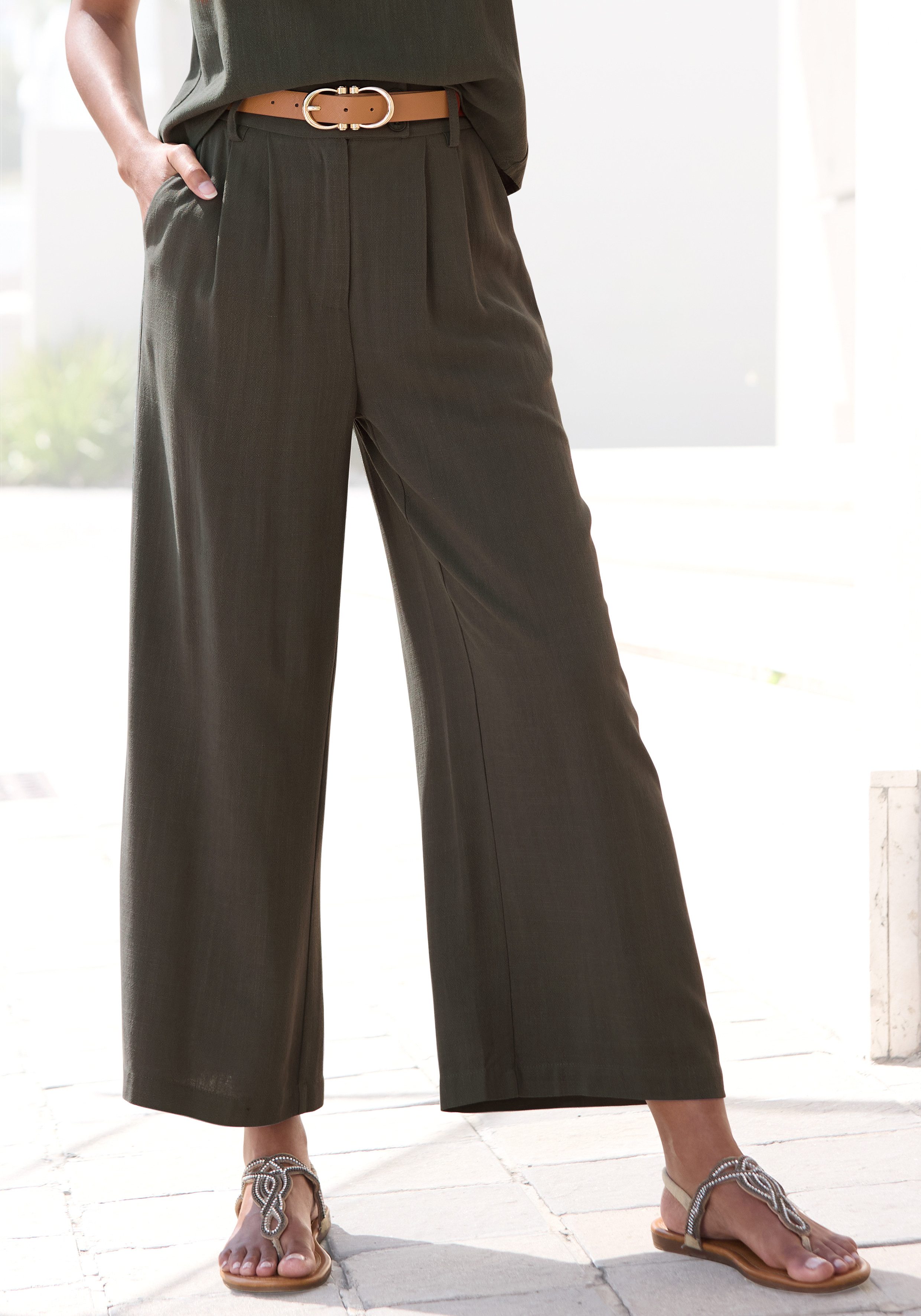 LASCANA Bundfaltenhose mit Taschen und Knopfdetail, weites Bein, Leinenhose, Sommerhose