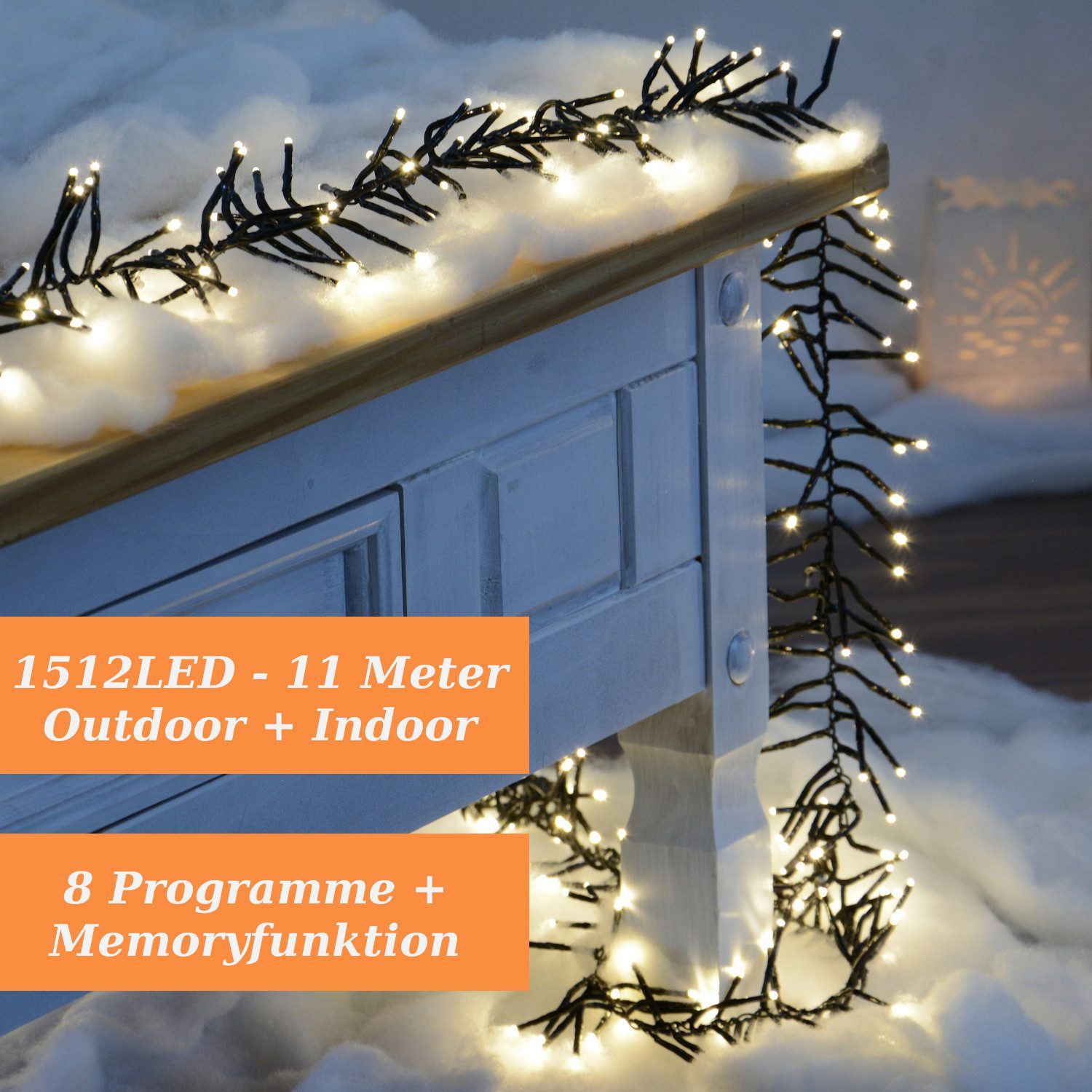 INtrenDU LED-Lichterkette Clusterlichterkette 1512LED WW, mit itegriertem Timer, Beleuchtungsprogrammen und Memoryfunktion