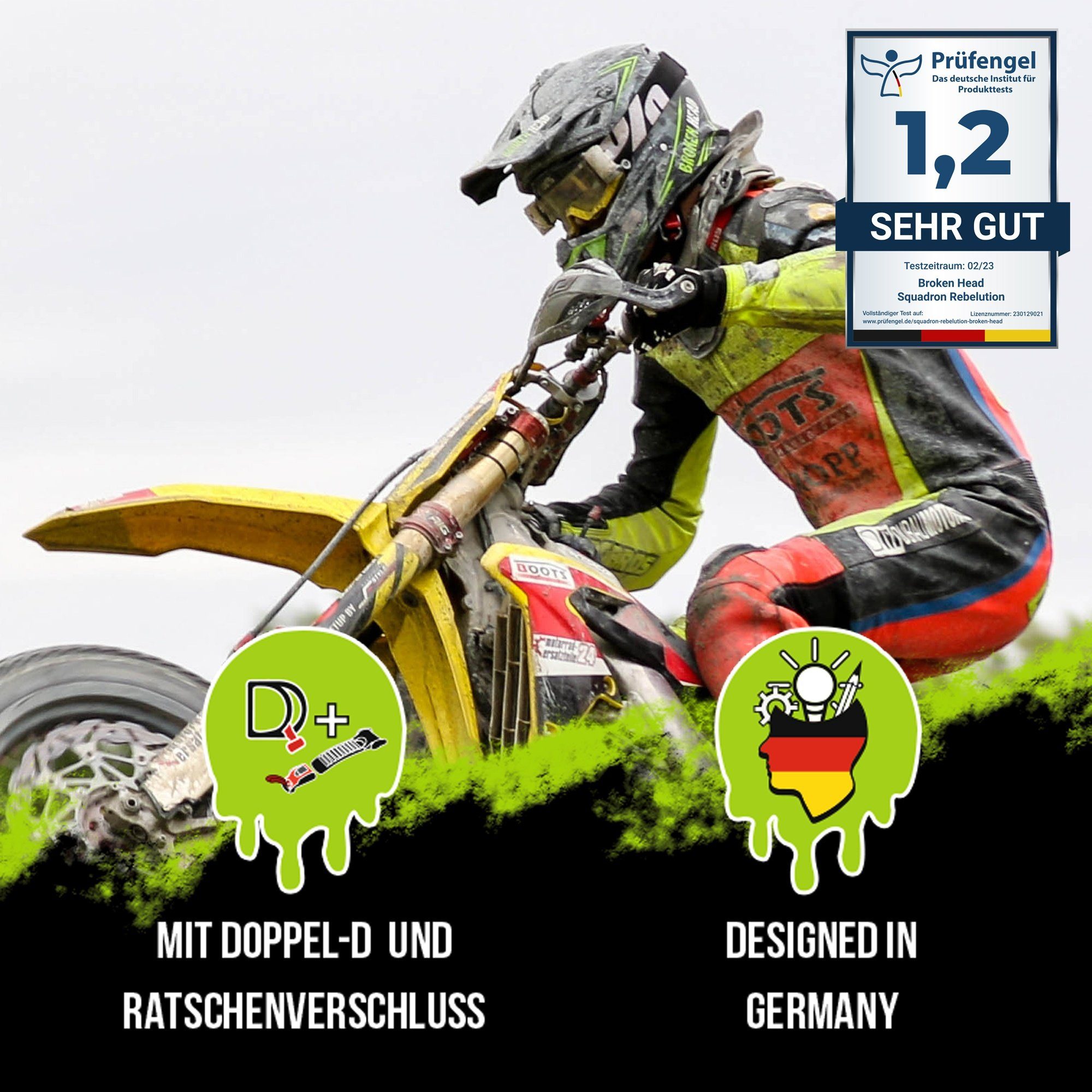 Broken Head Motocrosshelm Squadron Rebelution Grün-Gold (Mit MX-Struggler Gold), Mit 2 Verschlüssen