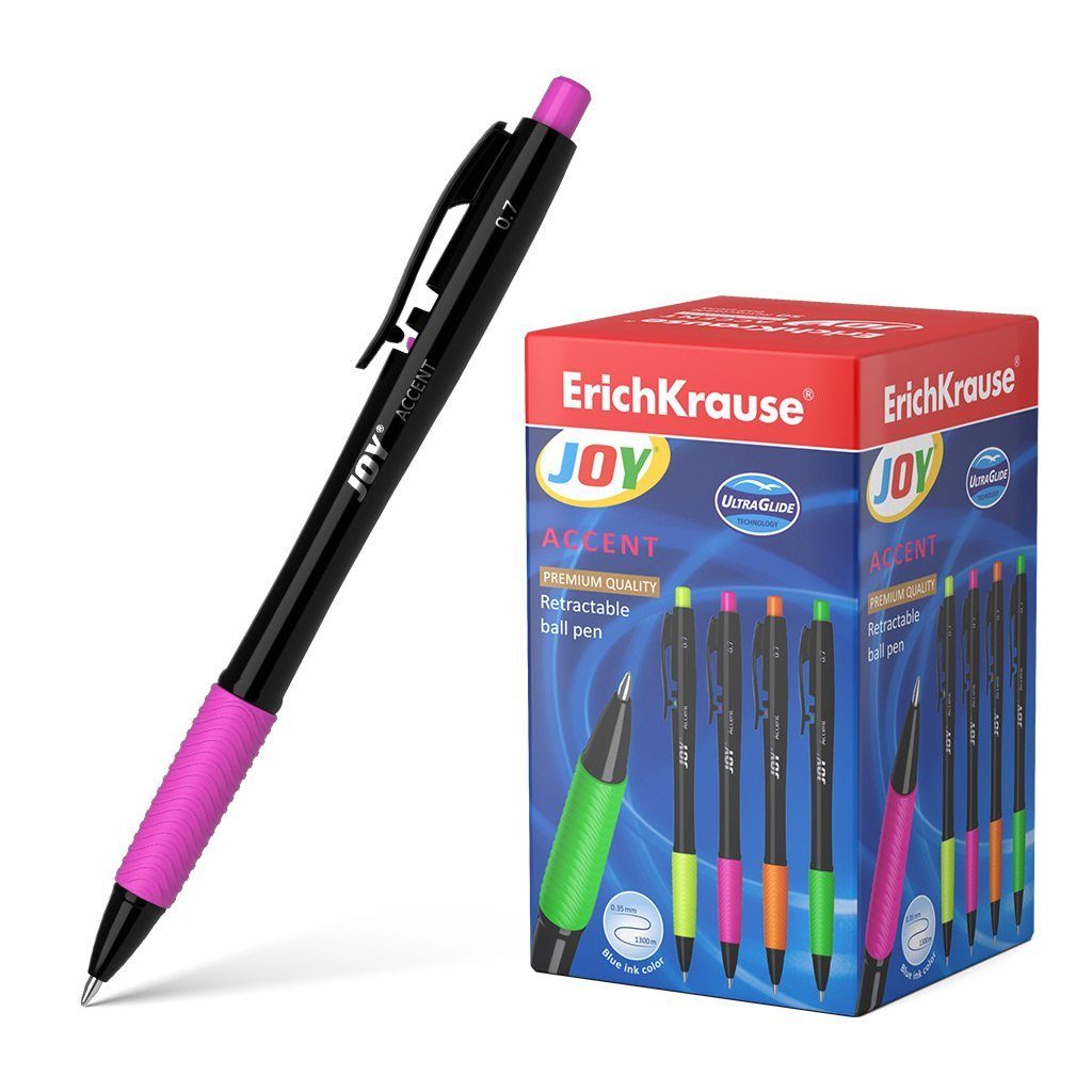 Erich Krause Kugelschreiber, Kugelschreiber JOY einziehbar 0.7 Neon Gummi Grip 50er Pack Tinte Blau