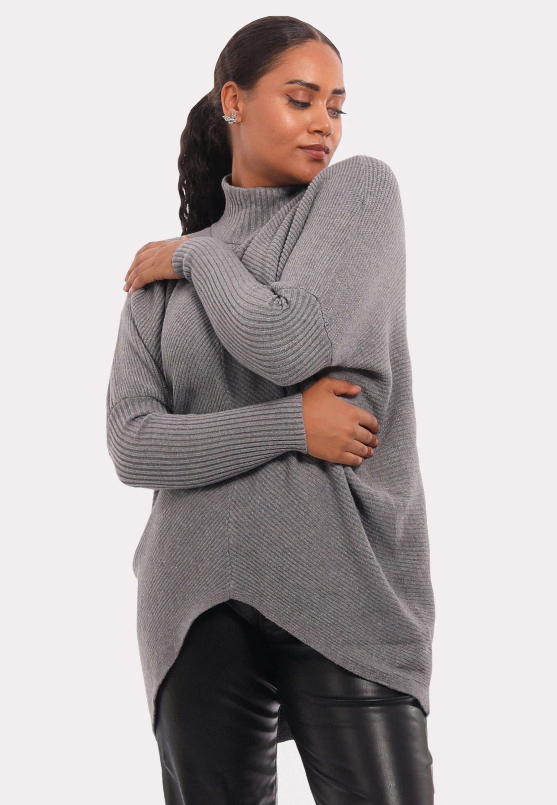 YC Fashion & Style Longpullover Stehkragen-Pullover in gerippter Elastik-Qualität (1-tlg) in Unifarbe, mit Stehkragen grau
