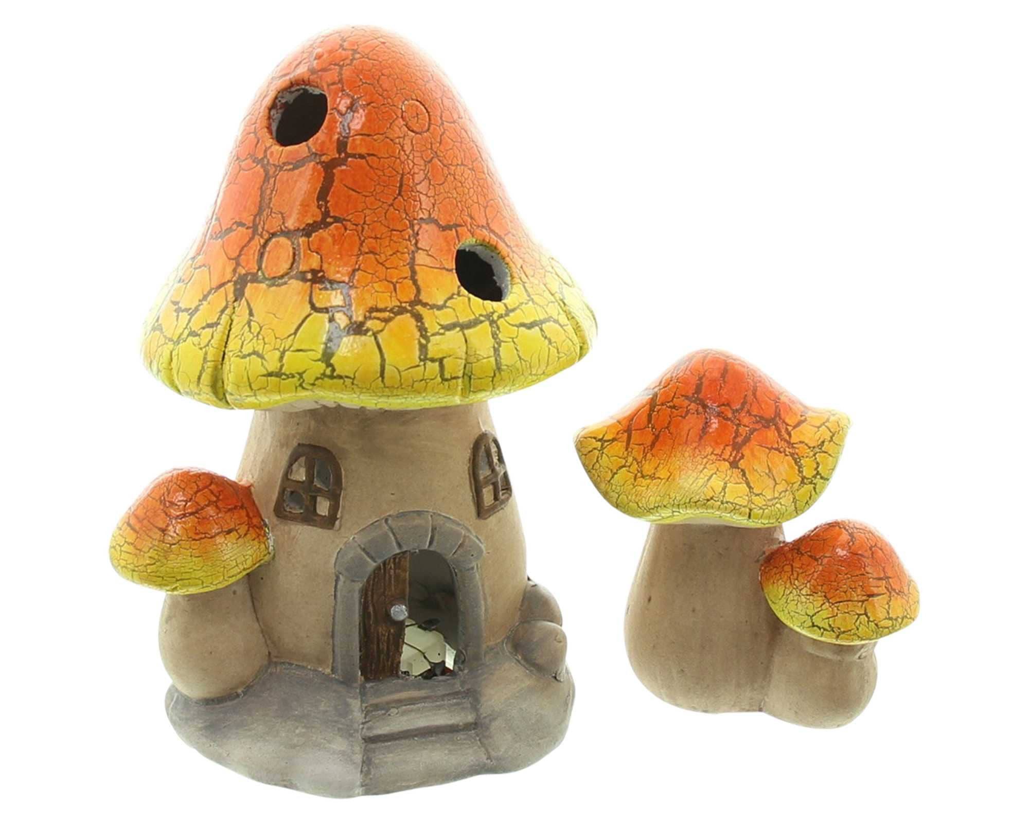 LED Dekofigur "Pilzhaus" Terracotta Herbstdeko, Pilze mit Beleuchtung, Pilzdeko