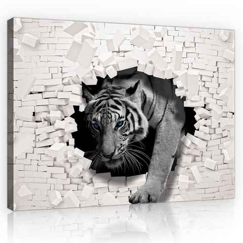 Wallarena Leinwandbild 3D Effekt Tiger Tiere Ziegelwand Moderne Wandbild Groß XXL Wandbilder Leinwandbilder Modern Canvas Kunstdruck Bild Auf Leinwand Bilder für Wohnzimmer Schlafzimmer, (Einteilig), Aufhängefertig