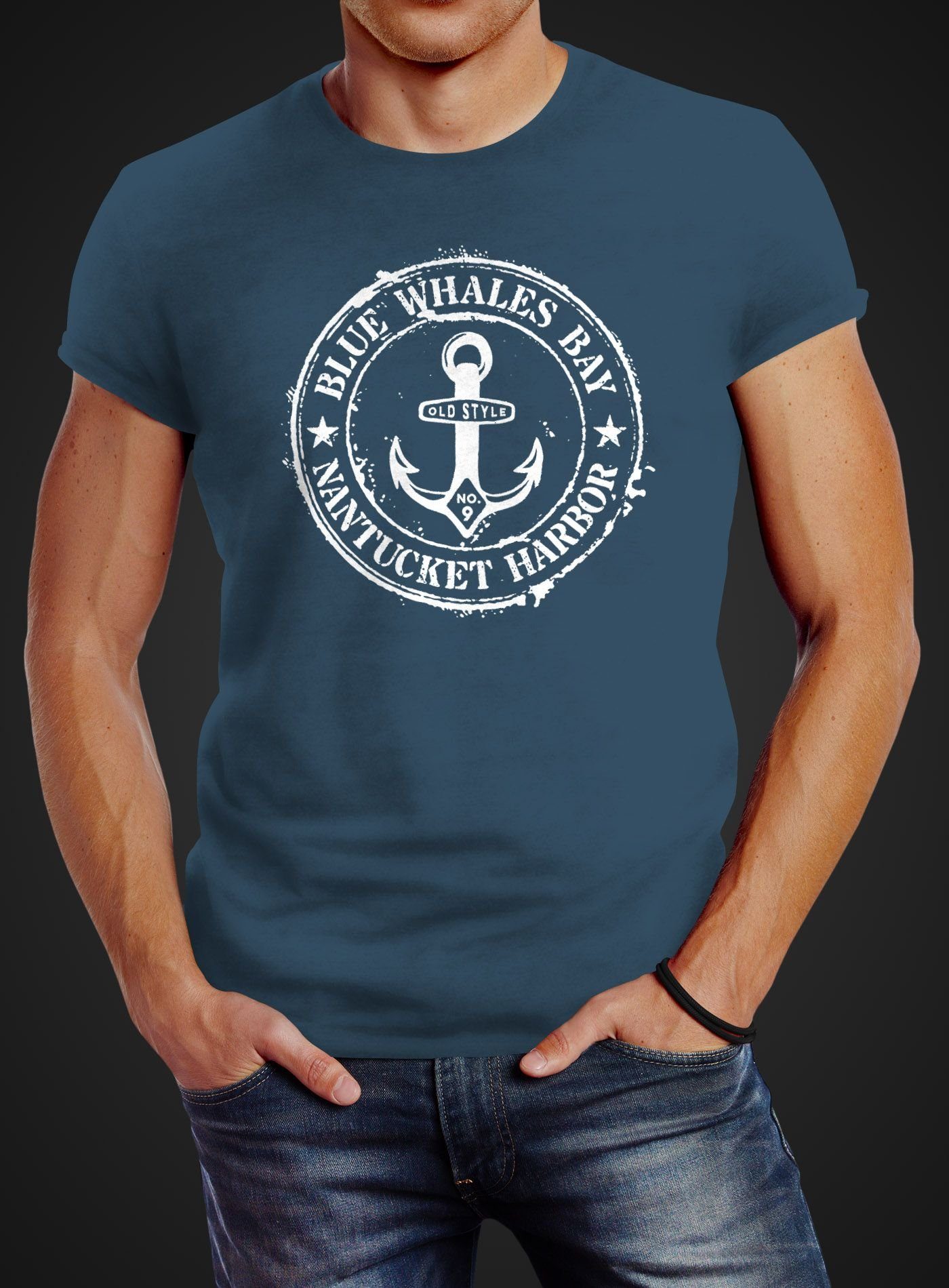 Print-Shirt blau mit Print Badge Retro T-Shirt Herren Print Vintage maritim Anker Neverless® Motiv Anchor Neverless