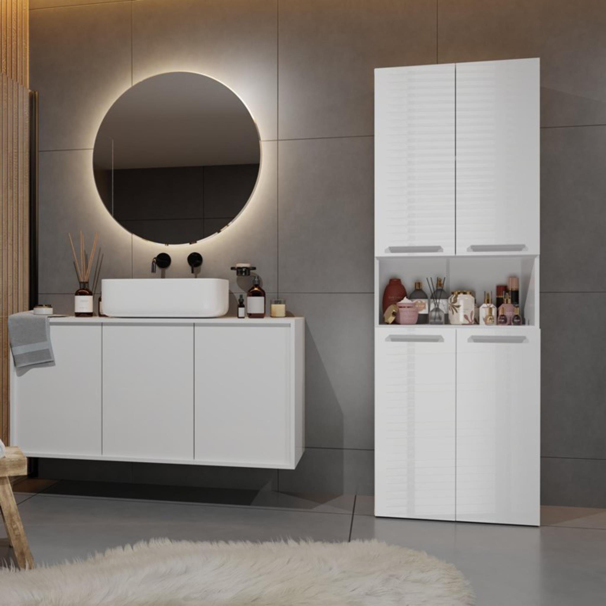 Beautysofa Hochschrank Nolan 2k DK breit, 2 (Badregal Klapptüren Badezimmerschrank und mit cm Weiß 2 mit 3 Hochglanz mit Klapptüren) Fachböden, 60 Drehtüren