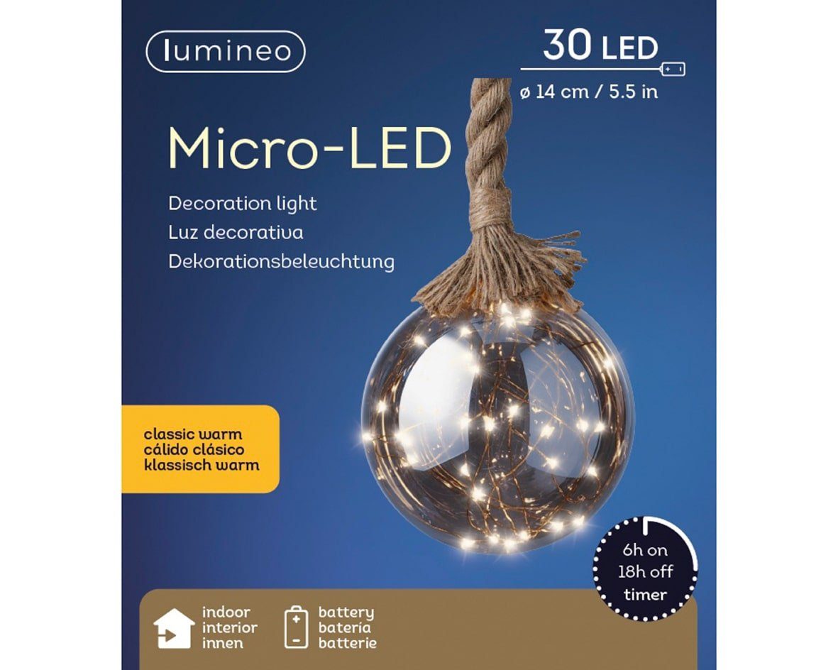 Lumineo LED-Lichterkette Lumineo Micro LED Glaskugel 30 LED 14 cm klassisch  warm, Juteband, Indoor, dimmbar, 6h-Timer, Batteriebetrieben