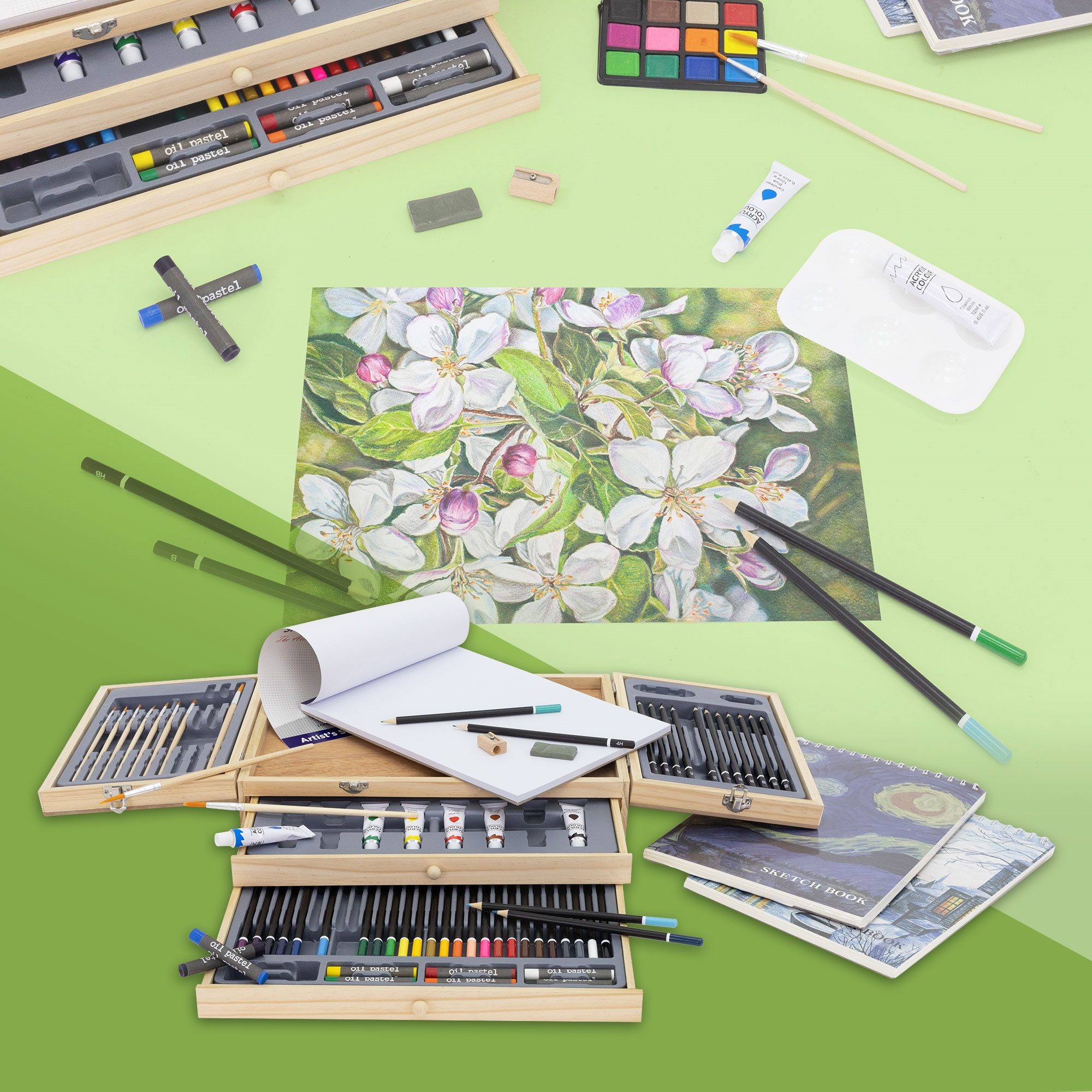 ECD Germany Kreativset Kunst- und Zeichenset Malkoffer für Kinder und Erwachsene, (85-tlg), Malset 85-Teilig mit 3 Zeichenblock, Acrylpad & Zubehör, Holzkoffer