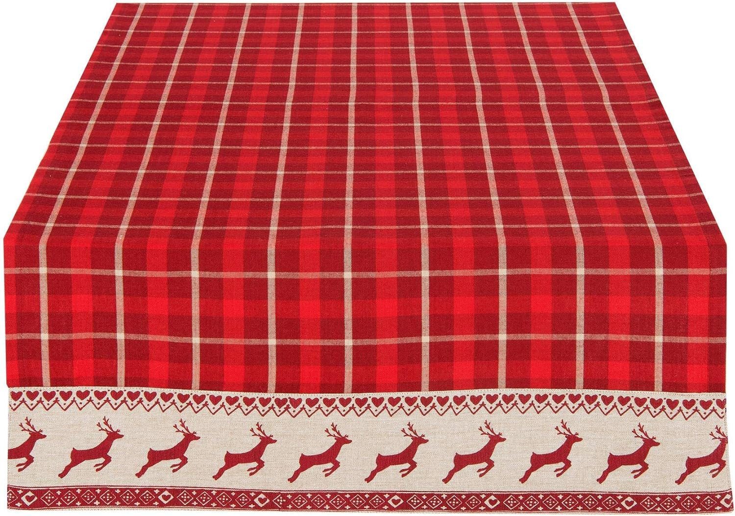 Clayre & Eef Tischdecke Узкие скатерти Weihnachten, Rot Kariert mit Rentieren, 50x140 cm, Glattes Gewebe, Hirschdesign, landhausstil