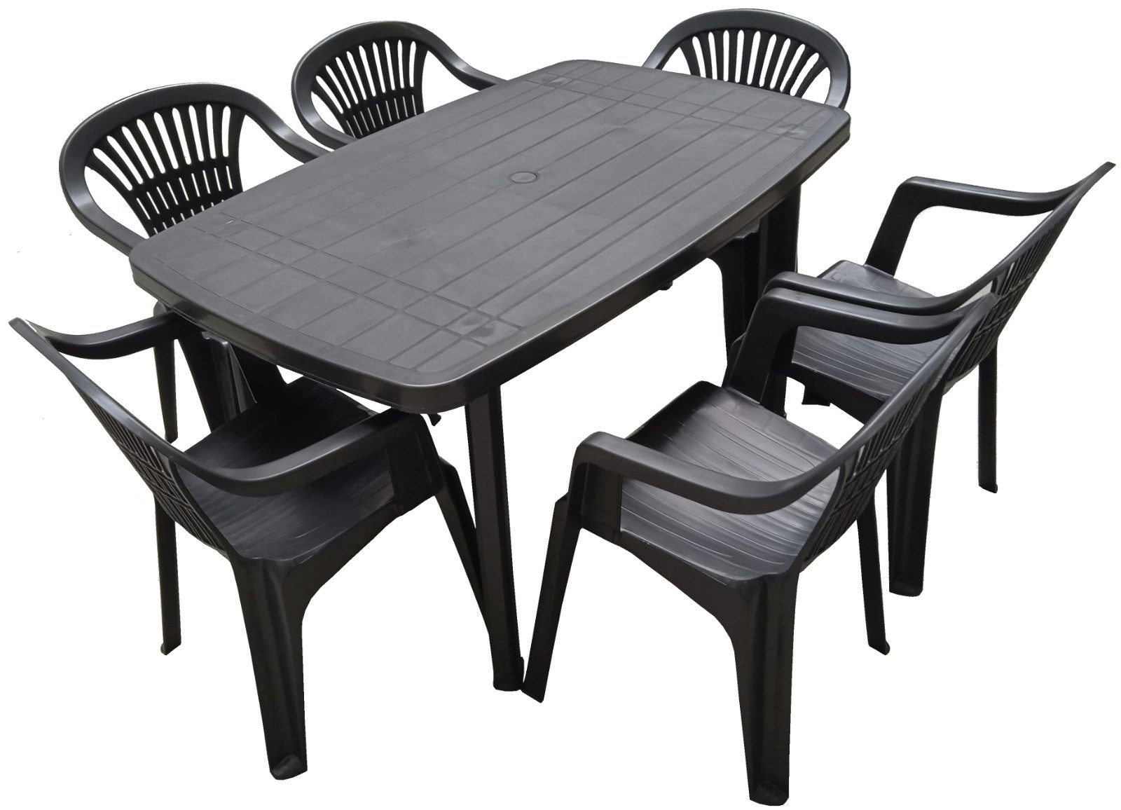 Progarden Sitzgruppe Schwarz, (7-tlg), Stapelstuhl, Rattan-Optik, Gartentisch, 7-teilig, Kunststoff