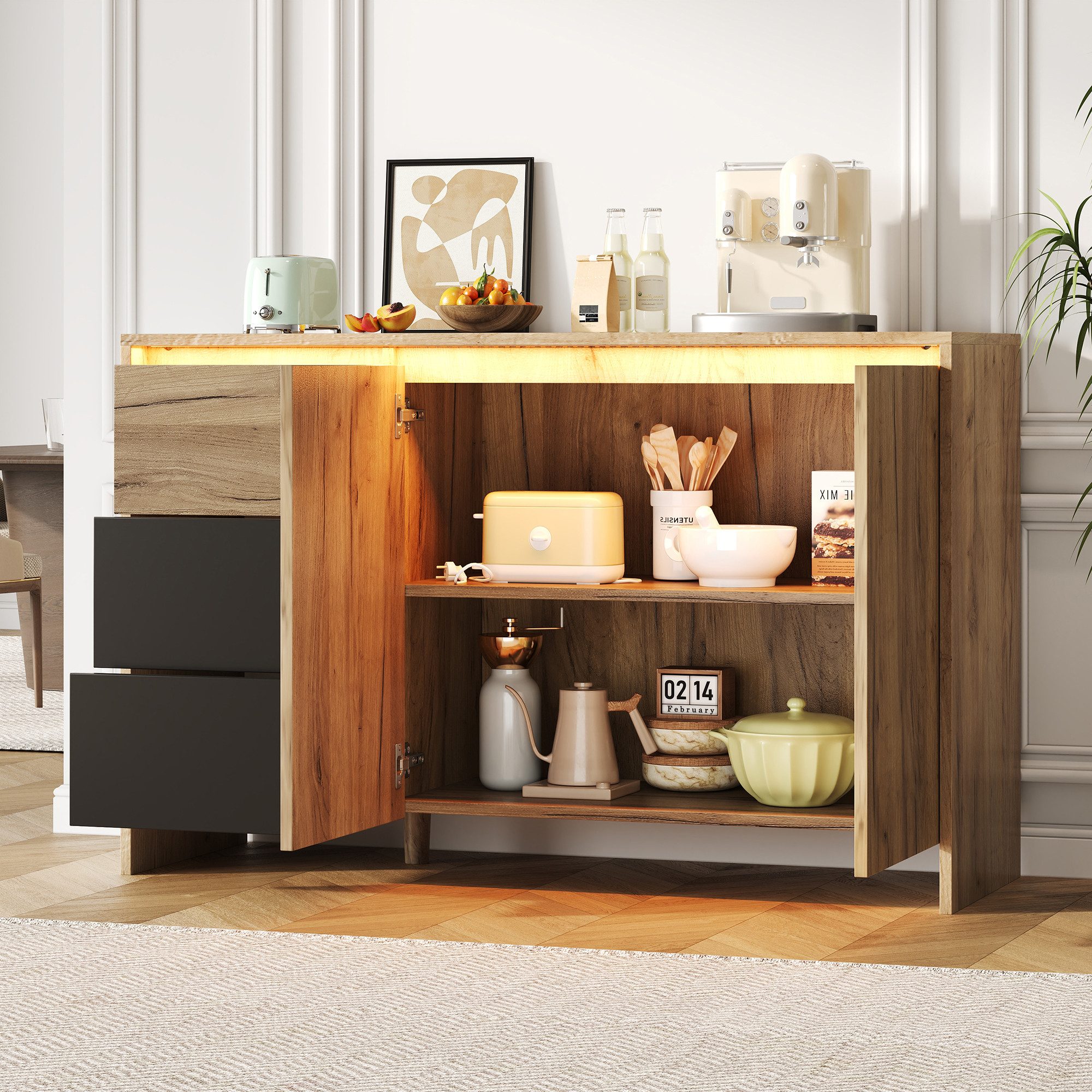 Flieks Kommode mit LED-Beleuchtung, 3 Schubladen und 2 Türen Holzoptik (Schrank für Wohnzimmer, Schlafzimmer, Esszimmer, Flur, 1 St., B120/T40/H76 cm), Mehrzweckschrank Sideboard mit verstellbarer Einlegeböden Landhausstil