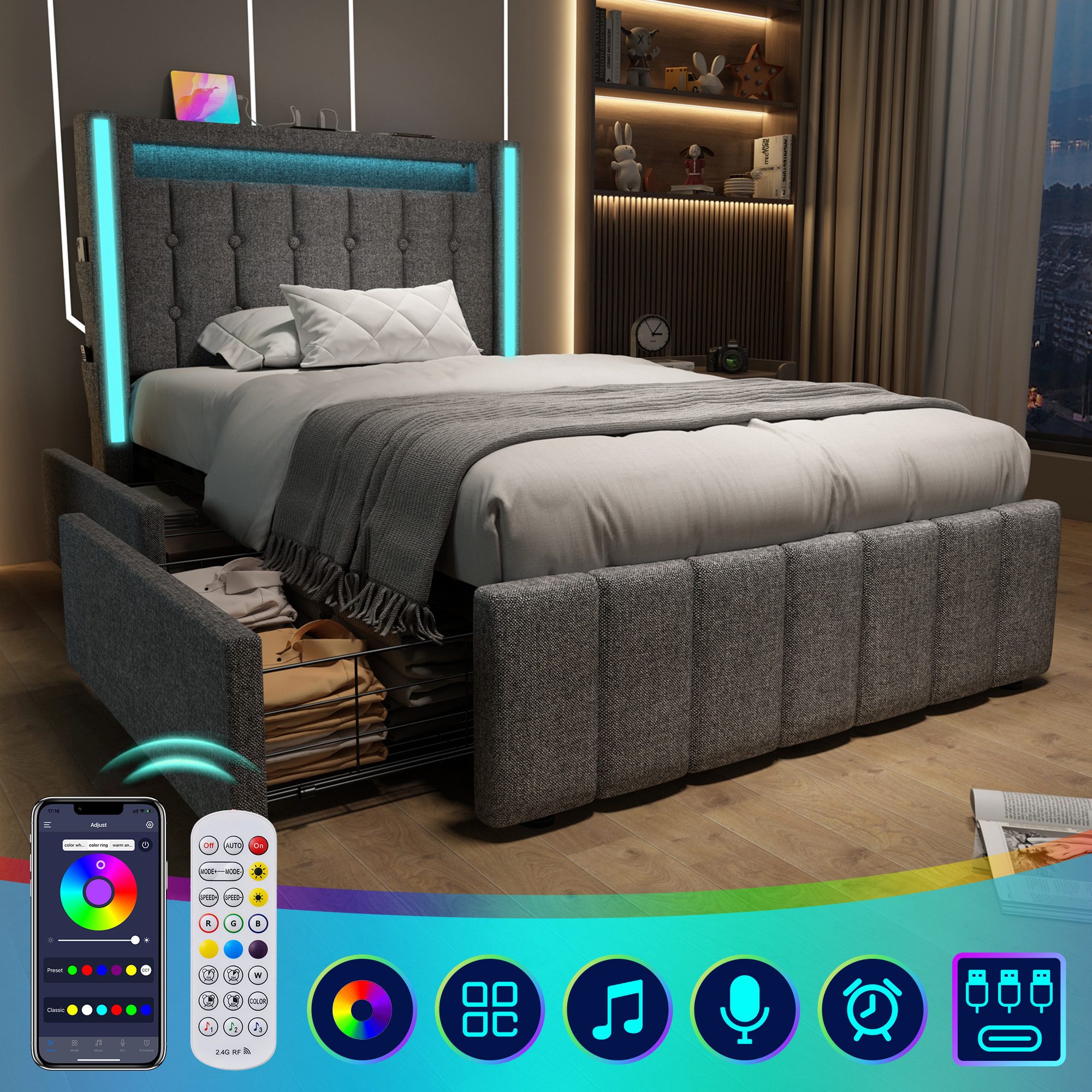 STILVORA Polsterbett 90x200 Jugendbett mit Stauraum, Bettgestell mit USB Ty günstig online kaufen