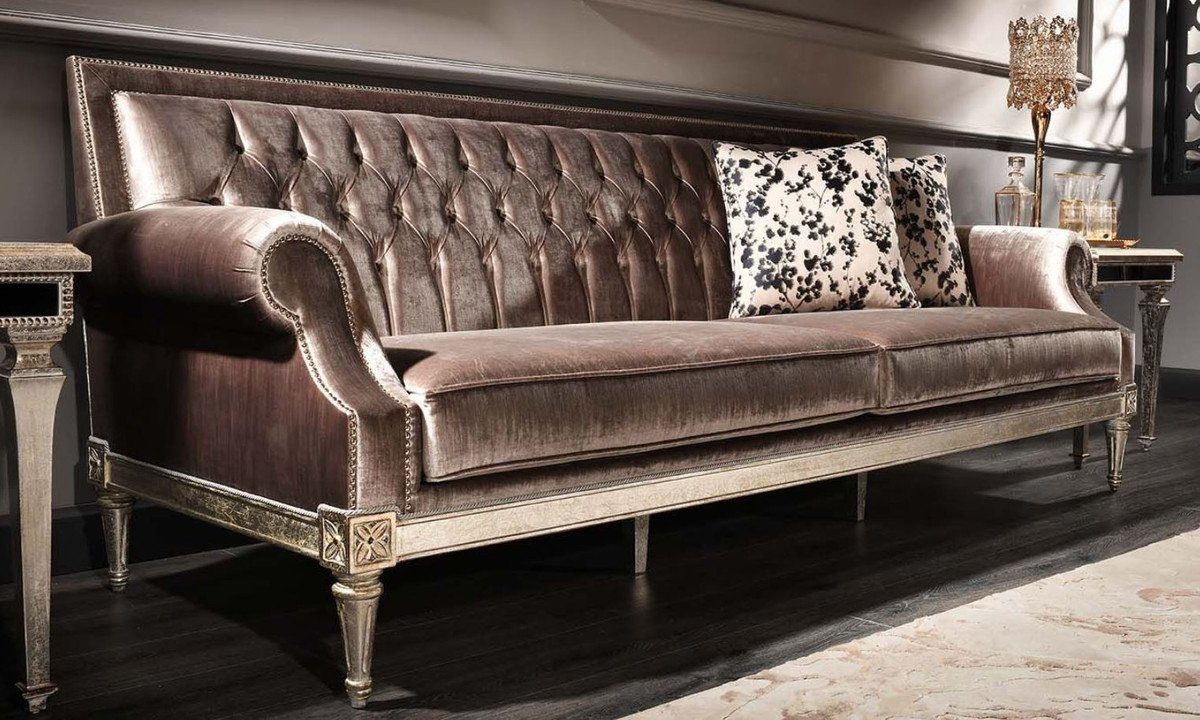 Casa Padrino Sofa Luxus Barock Wohnzimmer Samt Sofa Rosa / Antik Silber 250 x 88 x H. 100 cm - Edel & Prunkvoll | Alle Sofas