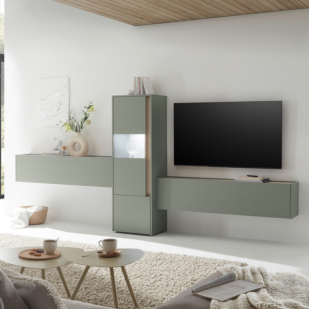 Lomadox Wohnzimmer-Set CRISP-61, (Mega-Spar-Set, 3-St., Vitrine mit Beleuchtung Hängeschänke), grün mit Eiche Nb., grifflos, viel Stauraum, Beleuchtung