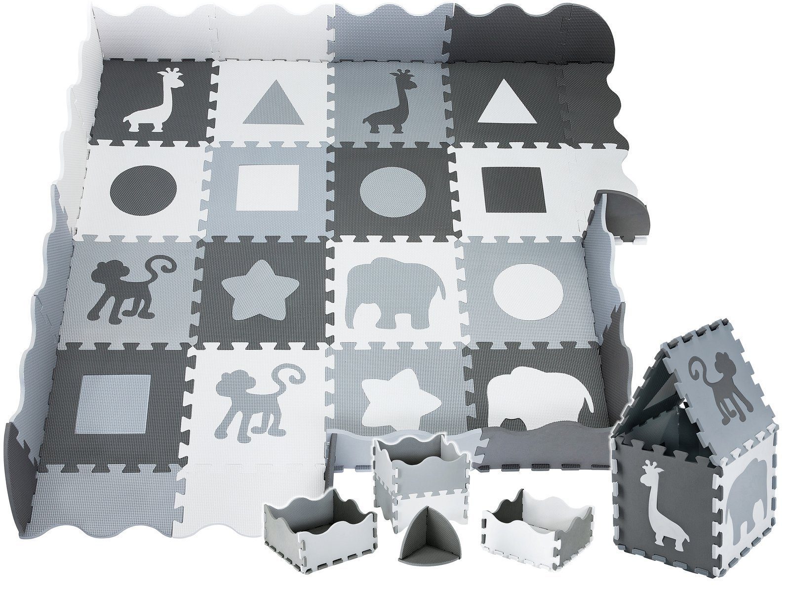 Moby-System Laufstall Schaumstoff-Puzzlematte XL 150 x 150 x 1 cm mit Rand, Grau (16-tlg)