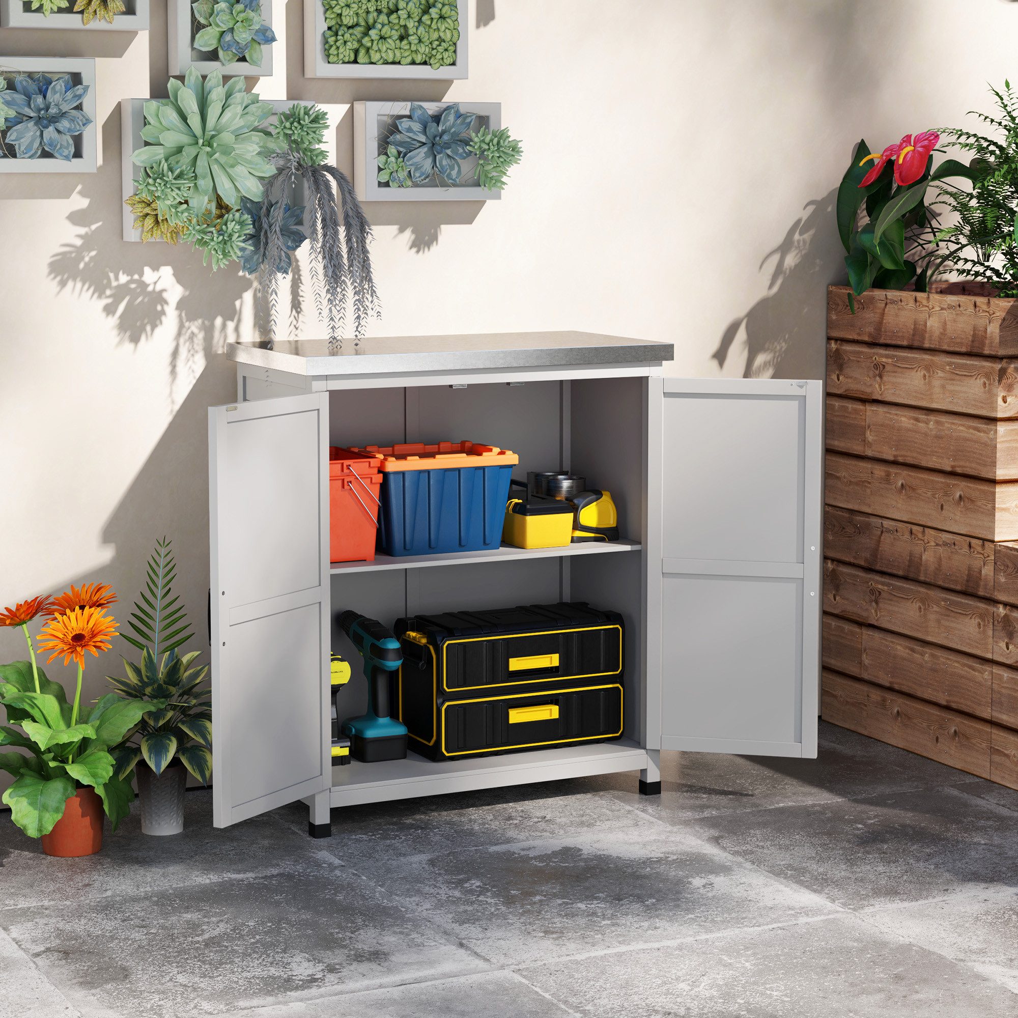 Outsunny Geräteschrank Outdoor wetterfest Aufbewahrungsschrank mit Arbeitsplatte Doppeltür (Geräteschuppen, 1-St., Gartenschrank Holz) für Garten, Terrrasse, Grau