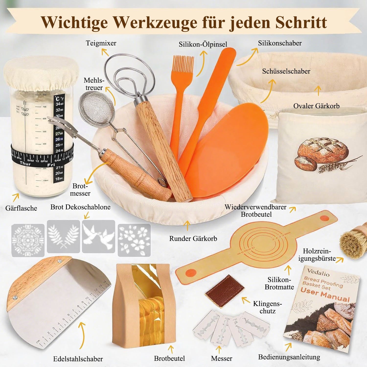 HEYHIPPO Gärkorb Brot-Gärset 37-teilig, Brotbackzubehör, Brotbackwerkzeuge, Gärkörbchen, (37-tlg), Brotbackwerkzeug-Set,Brotschaber,wiederverwendbar,ergonomisches Design
