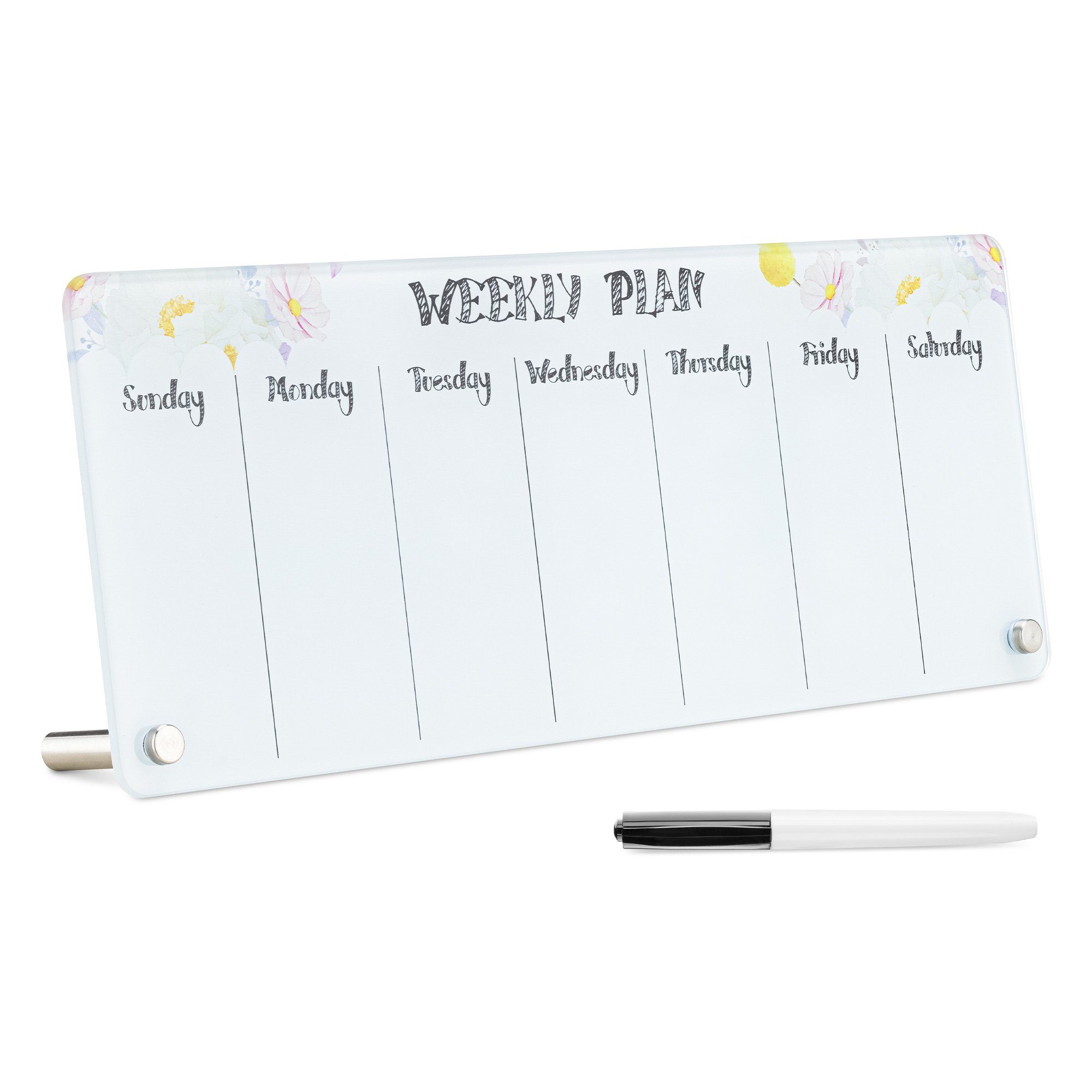 Navaris Memoboard Wochenplaner aus Glas Whiteboard Kalender - trocken abwischbar Blumen