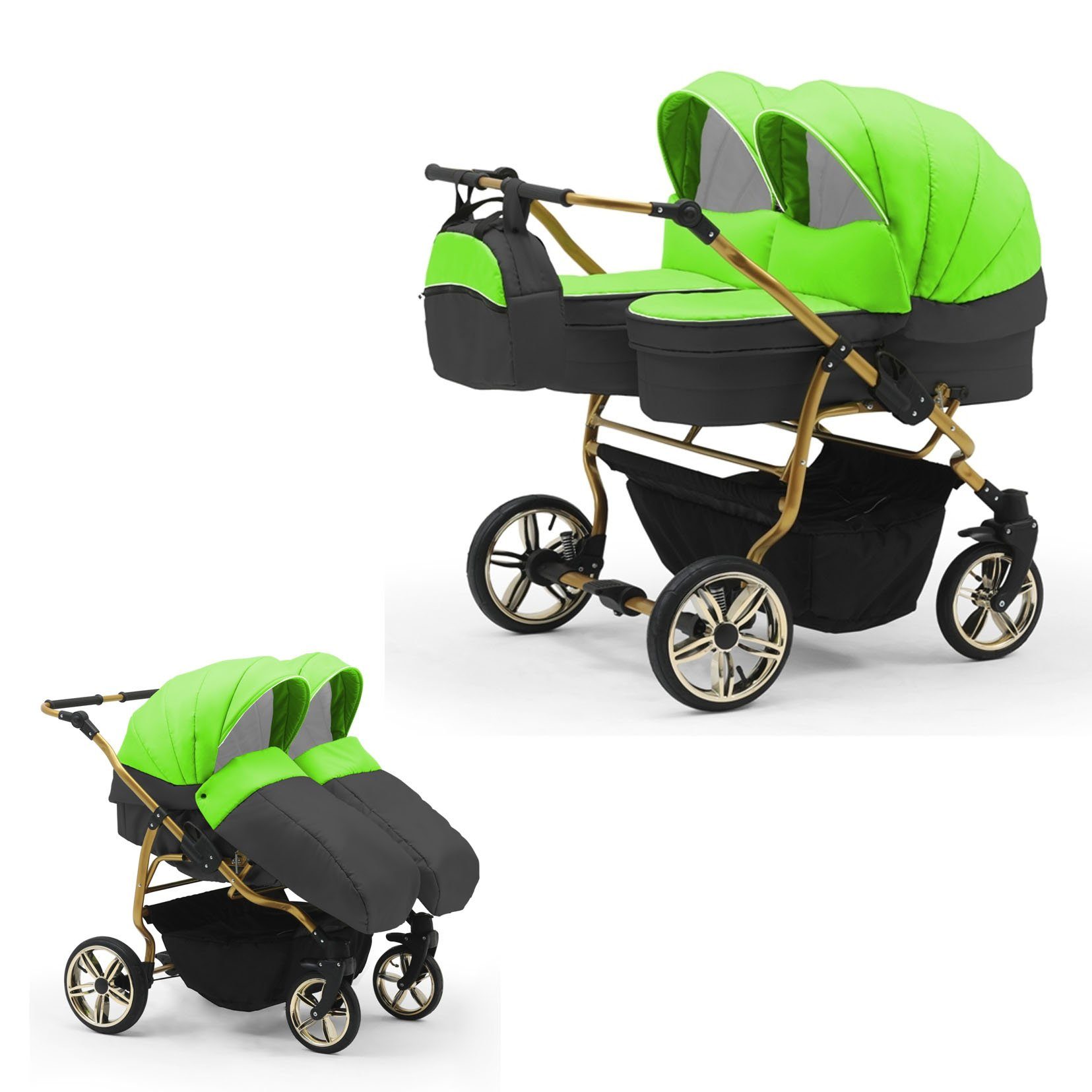 babies-on-wheels Zwillingswagen Zwillingskinderwagen 2 in 1 Duet Lux - 10 Teile - in 33 Farben Grün-Grau