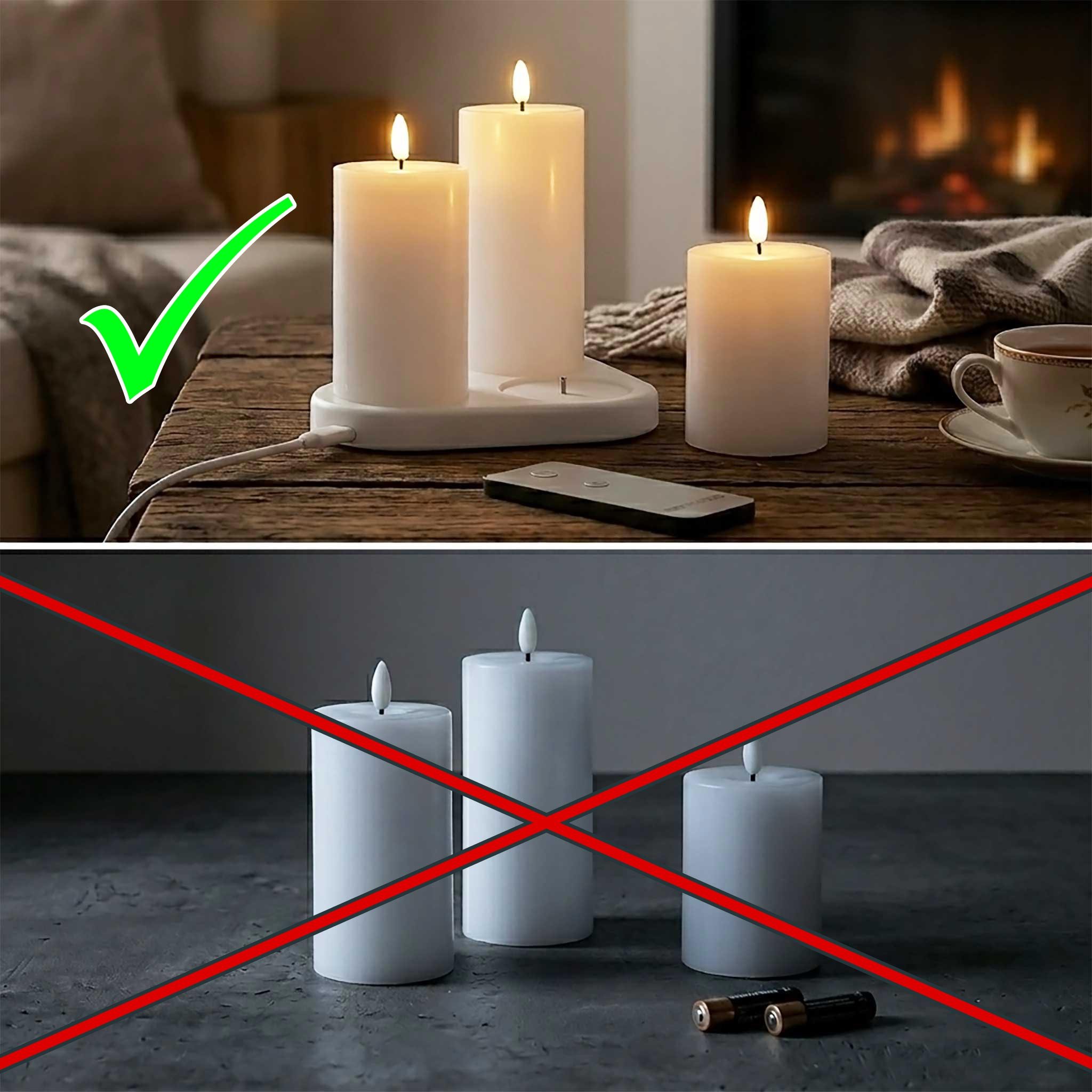 Spetebo LED-Kerze 3er Set Echtwachs Kerze wiederaufladbar mit Ladestation (Anzahl, 1-tlg.,15 / 12 / 10 cm), Künstliche Stumpenkerze mit Flammen Effekt Akku betrieben