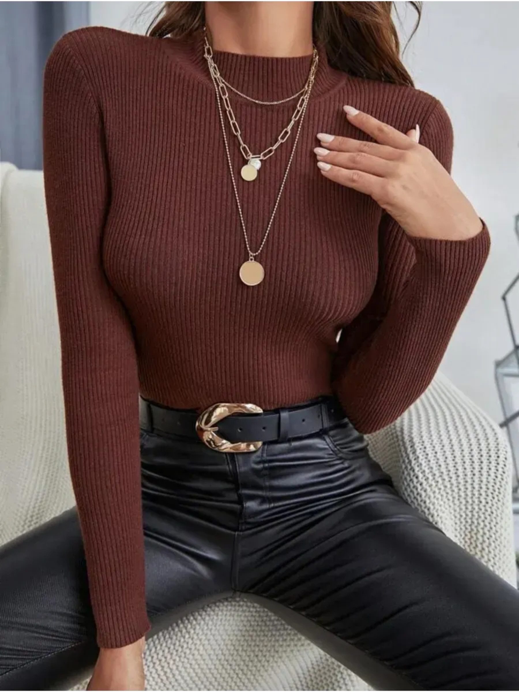 FemmeTone Strickpullover Stehkragenpullover Damen gerippt – figurbetonter Feinstrick Langarm (Einzelartikel, Einzelteil) Rippstrick-Oberteil mit Mockneck – körpernahes Basic für Büro & Alltag