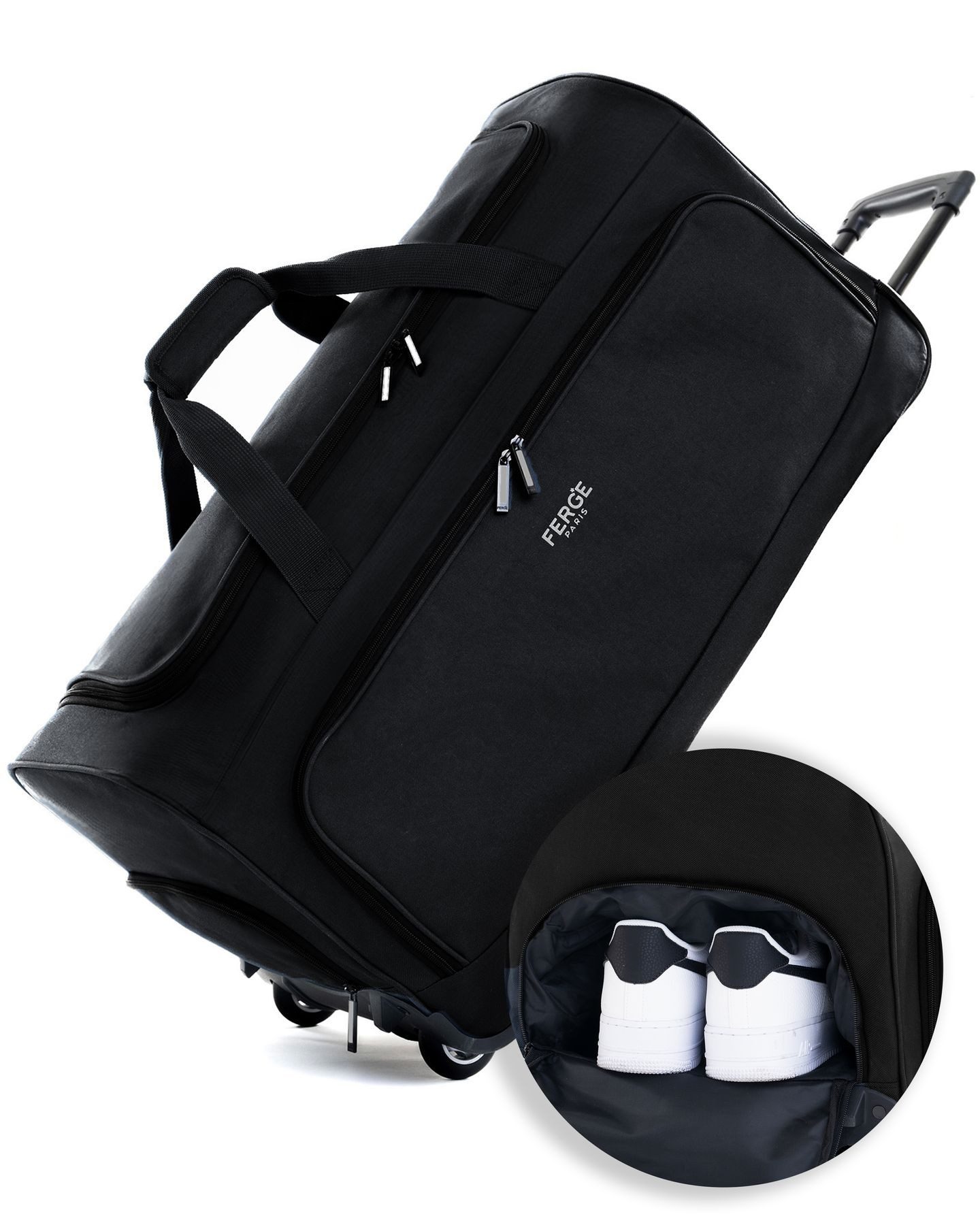 FERGÉ Reisetasche wasserabweisend Reisetasche mit Rollen groß Paris, Reisetasche mit Rollen und extra Schuhfach, Reisegepäck schwarz