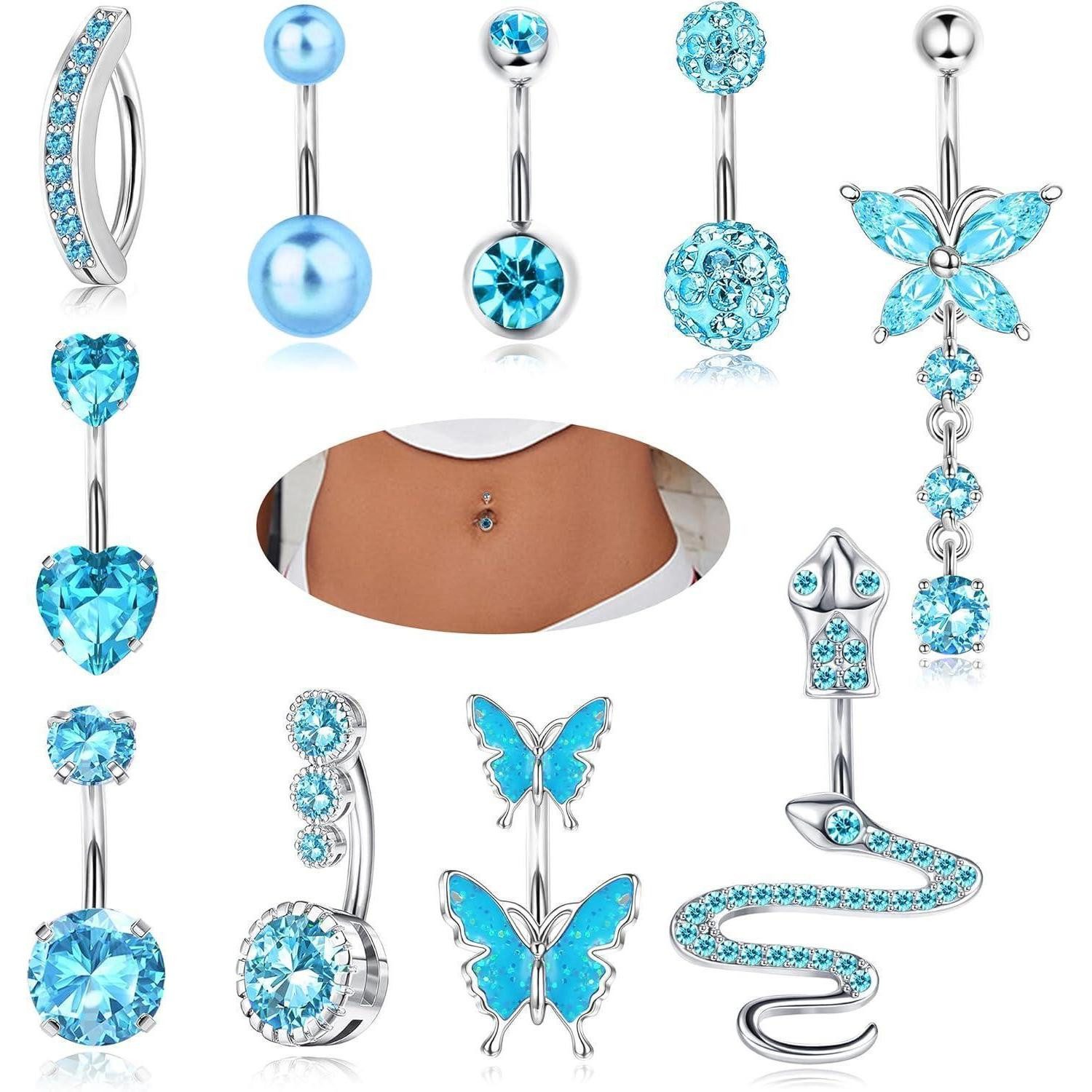 YADOCA Bauchnabelpiercing-Set 10Pcs 14G Bauchnabelpiercing Damen Chirurgenstahl Rosa Blau