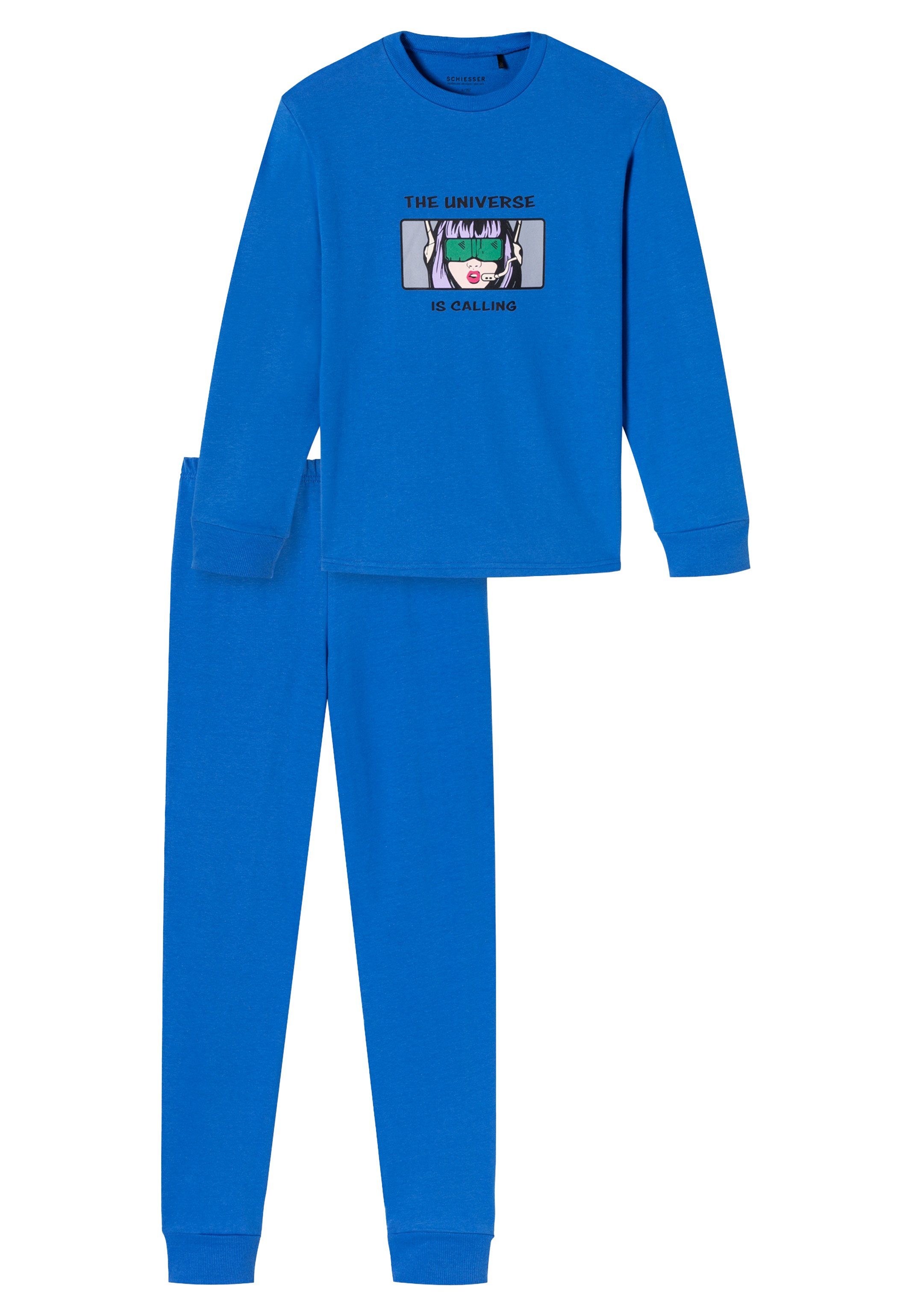 Pyjama tlg) (Set, Schlafanzug Schiesser Organic - - 2 Baumwolle Cotton Blau Nightwear