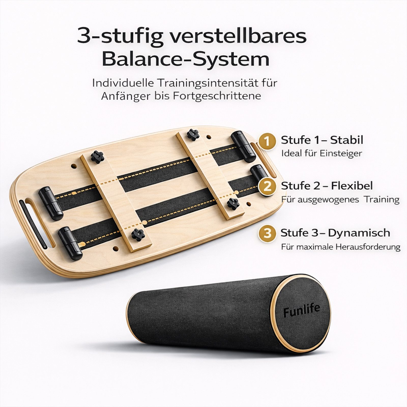 FunLife Balanceboard MOVE Design-Edition, 3-stufiges System, 18 mm Mehrschichtholz, mit Rolle, bis 150 kg