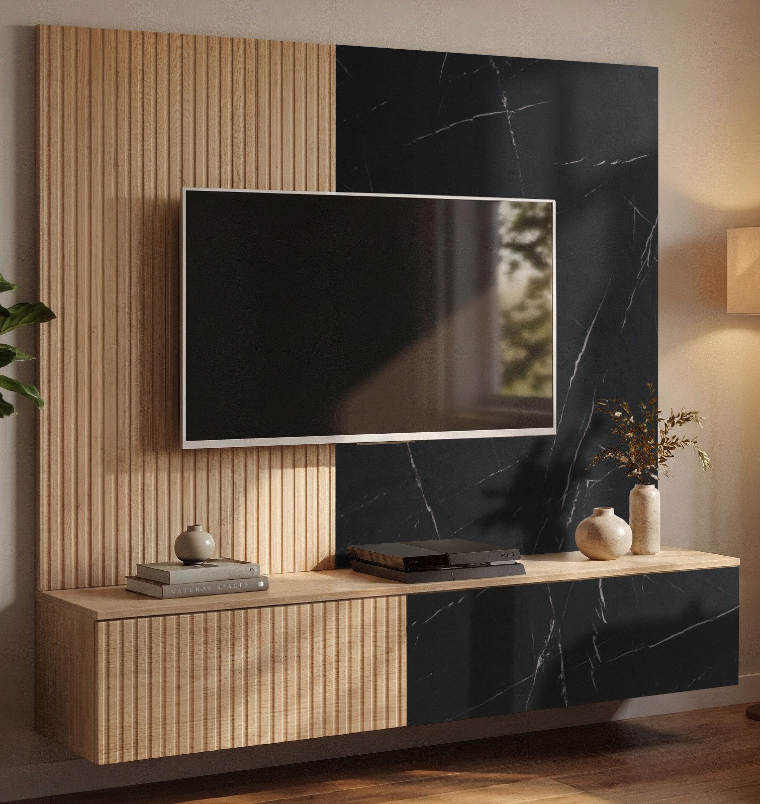 Inn.Furn Lowboard Arion (TV Unterschrank Set inklusive Wandpaneel, Eiche Dekor und Marmor-Optik schwarz, Breite 160 cm), mit Push-To-Open und Soft-Close