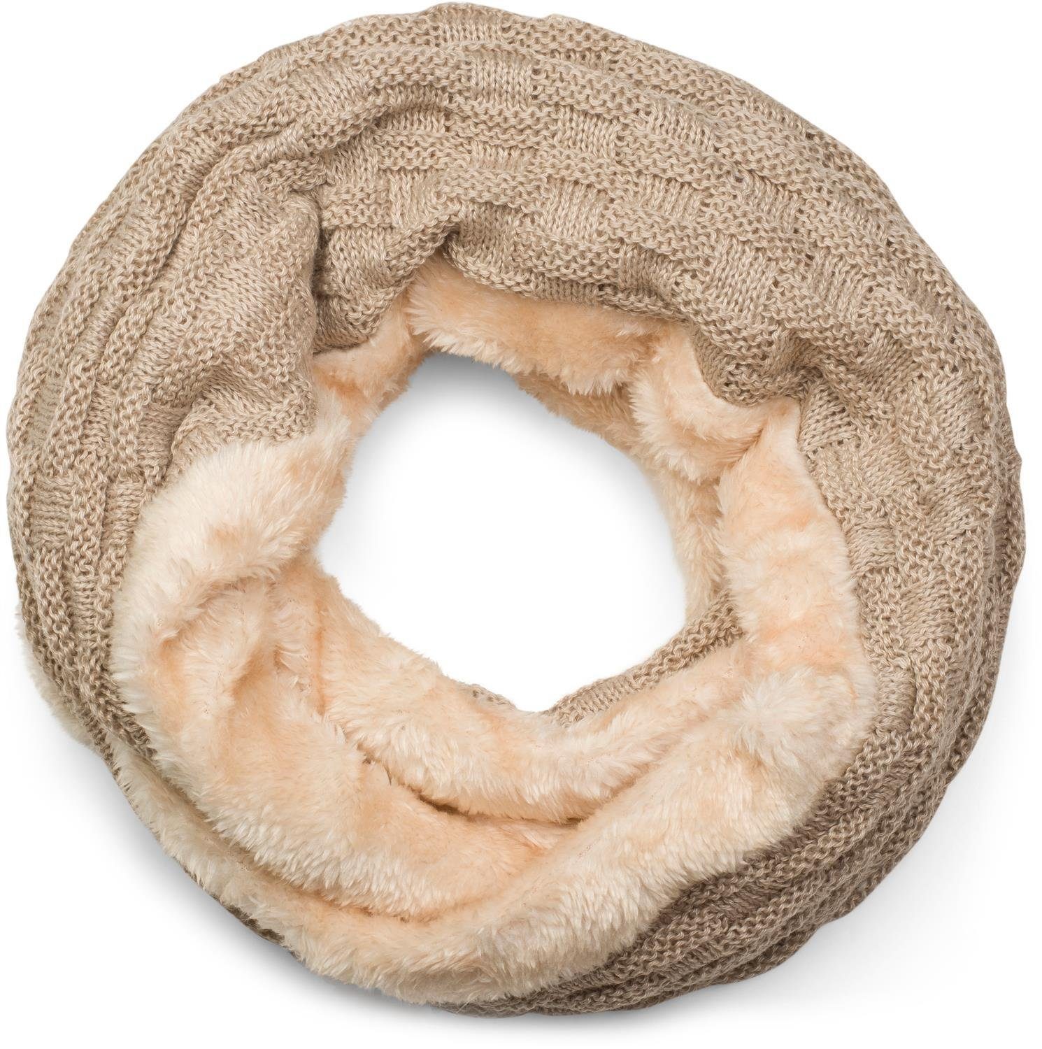 Strickschal Feinstrick Loop mit Flecht Muster und Teddyfleece
