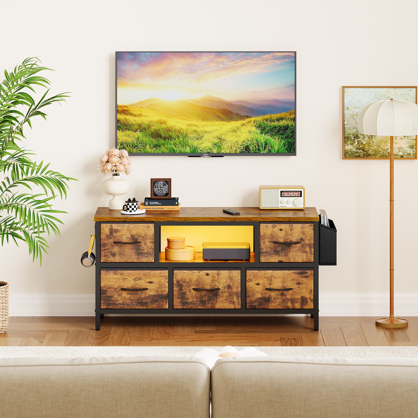 Dripex Lowboard TV Schrank für Fernseher mit LED und Schubladen und offenen Regalen, mit RGB LED Beleuchtung