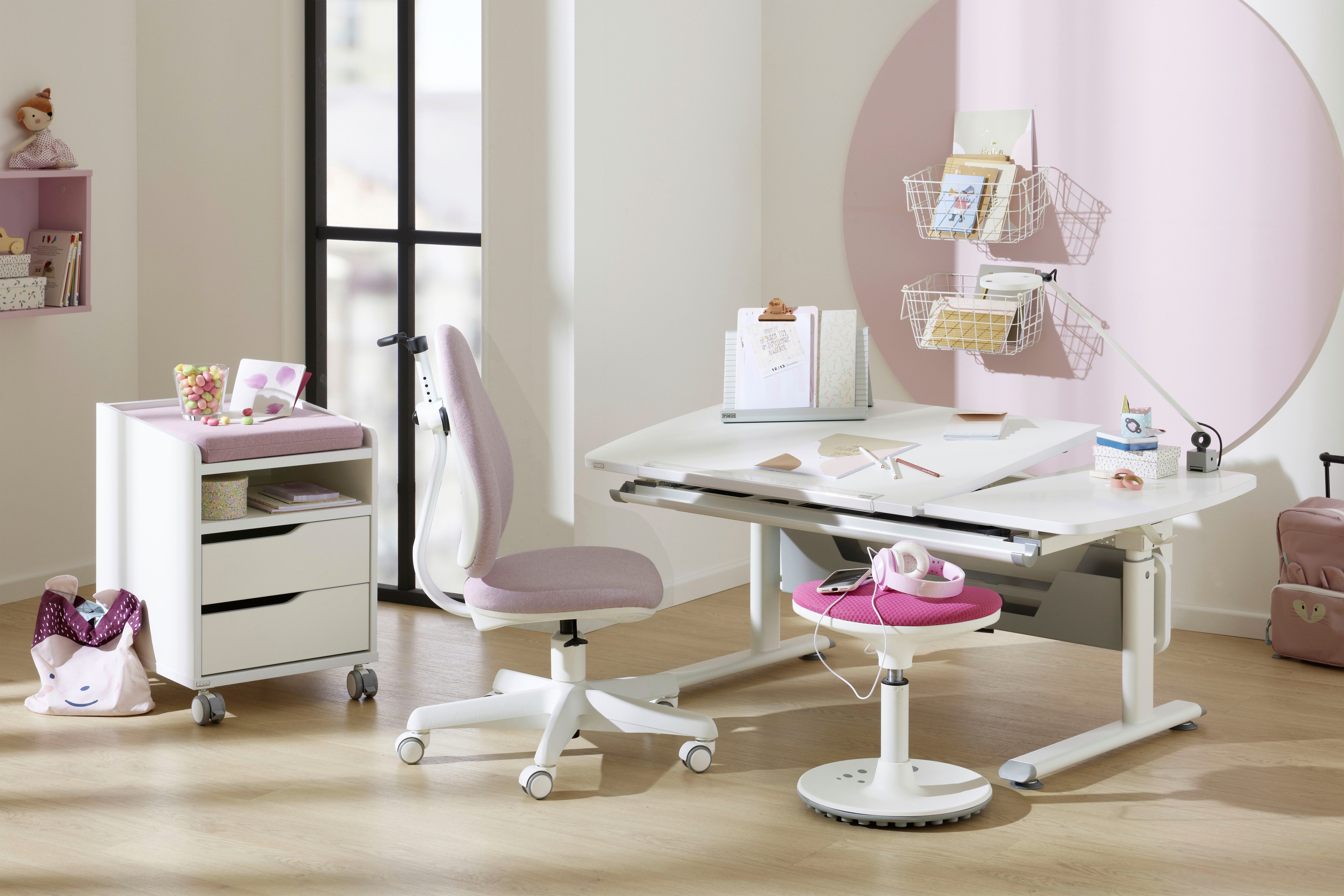 PAIDI Büromöbel-Set Kinderschreibtisch & Drehstuhl in Weiß, mitwachsend & ergonomisch, (Spar-Set, 130x70 cm Schülerschreibtisch, Kinderstuhl in Blau/Rosa), stufenlos höhenverstellbar, neigbare Tischplatte, Schulstarter-Set