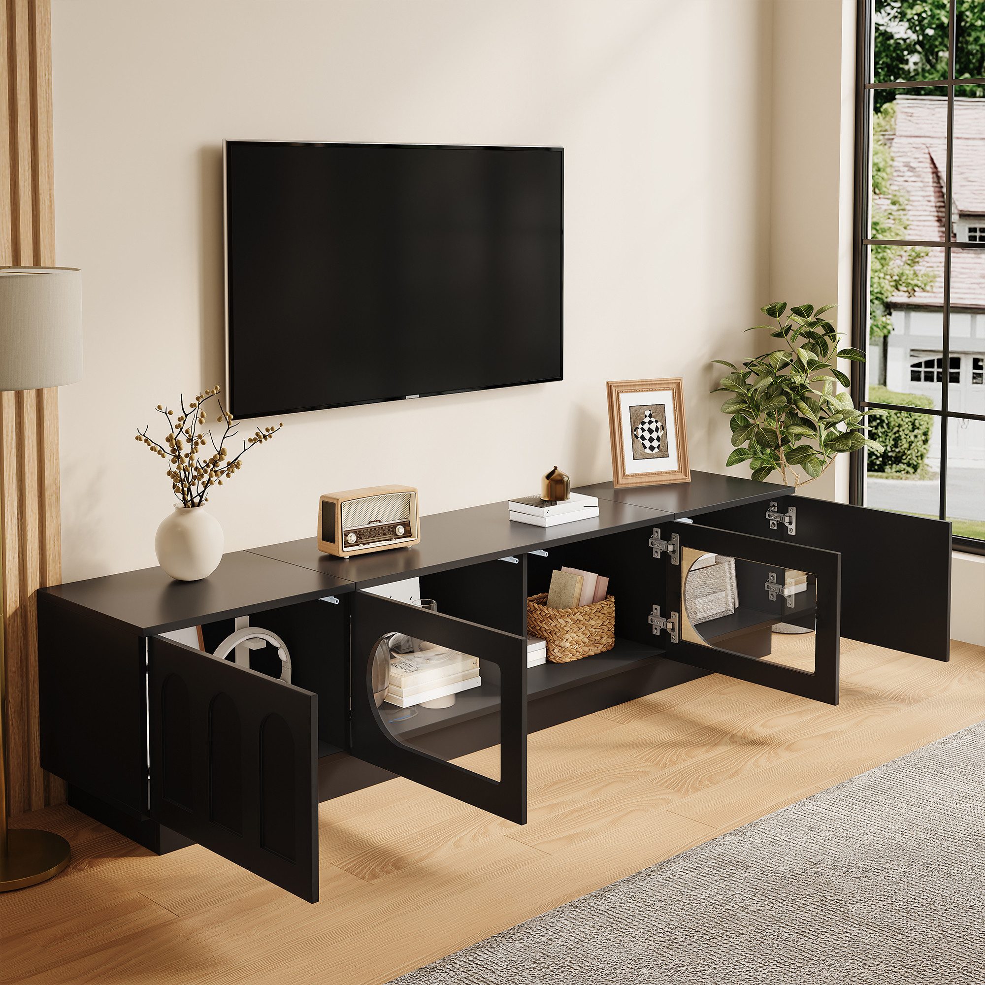 Merax Lowboard mit LED-Beleuchtung und APP-Steuerung, Fernsehtisch Fernsehschrank (1 St., 200 x 40 x 42 cm), TV-Schrank mit 2 Glastüren, 2 Türen mit Bogenrelief – Bild 2 von 5
