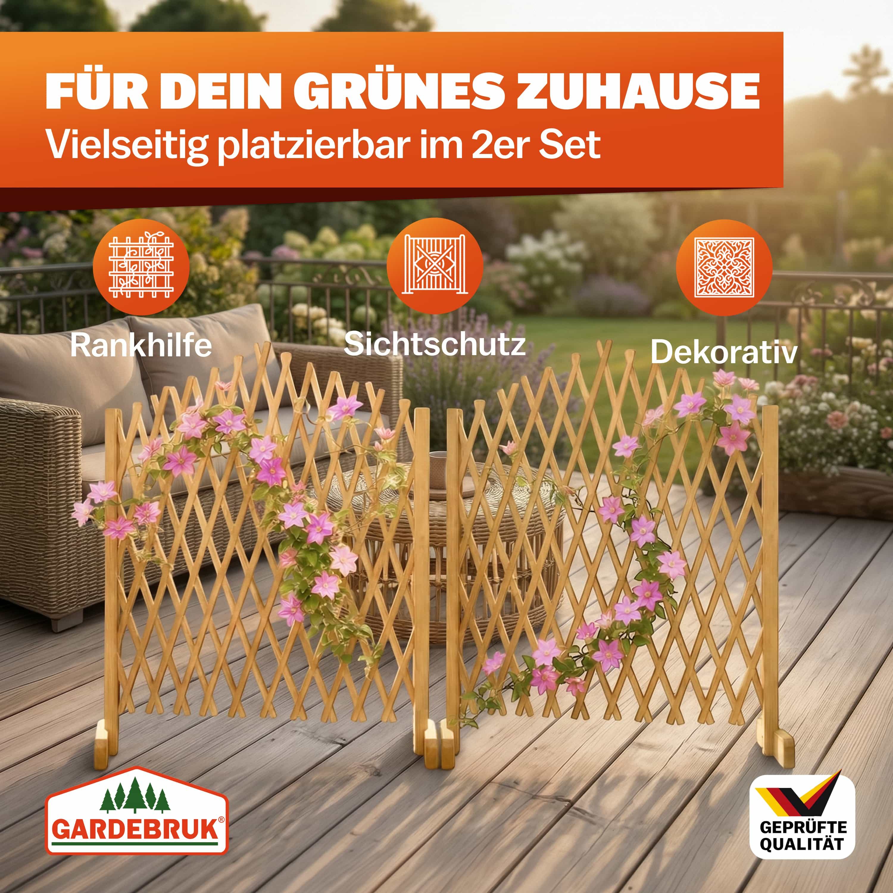 Gardebruk Spalier, 2 St., Rankgitter Gartenzaun bis 200 cm ausziehbar faltbar verstellbar Balkon