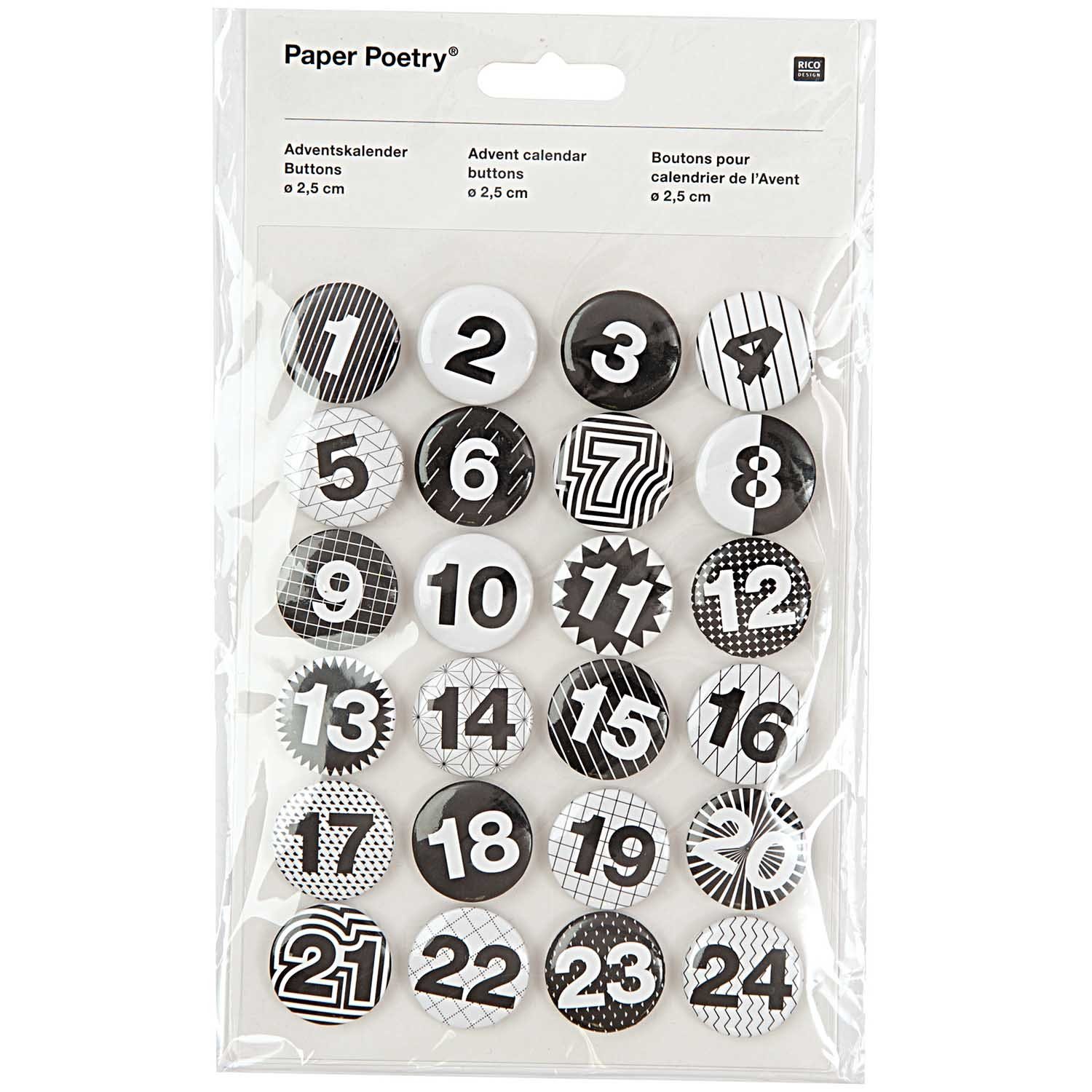 Set Adventskalender Buttons Design Button Poetry Rico Paper 24 Stück schwarz-weiß Zahlen