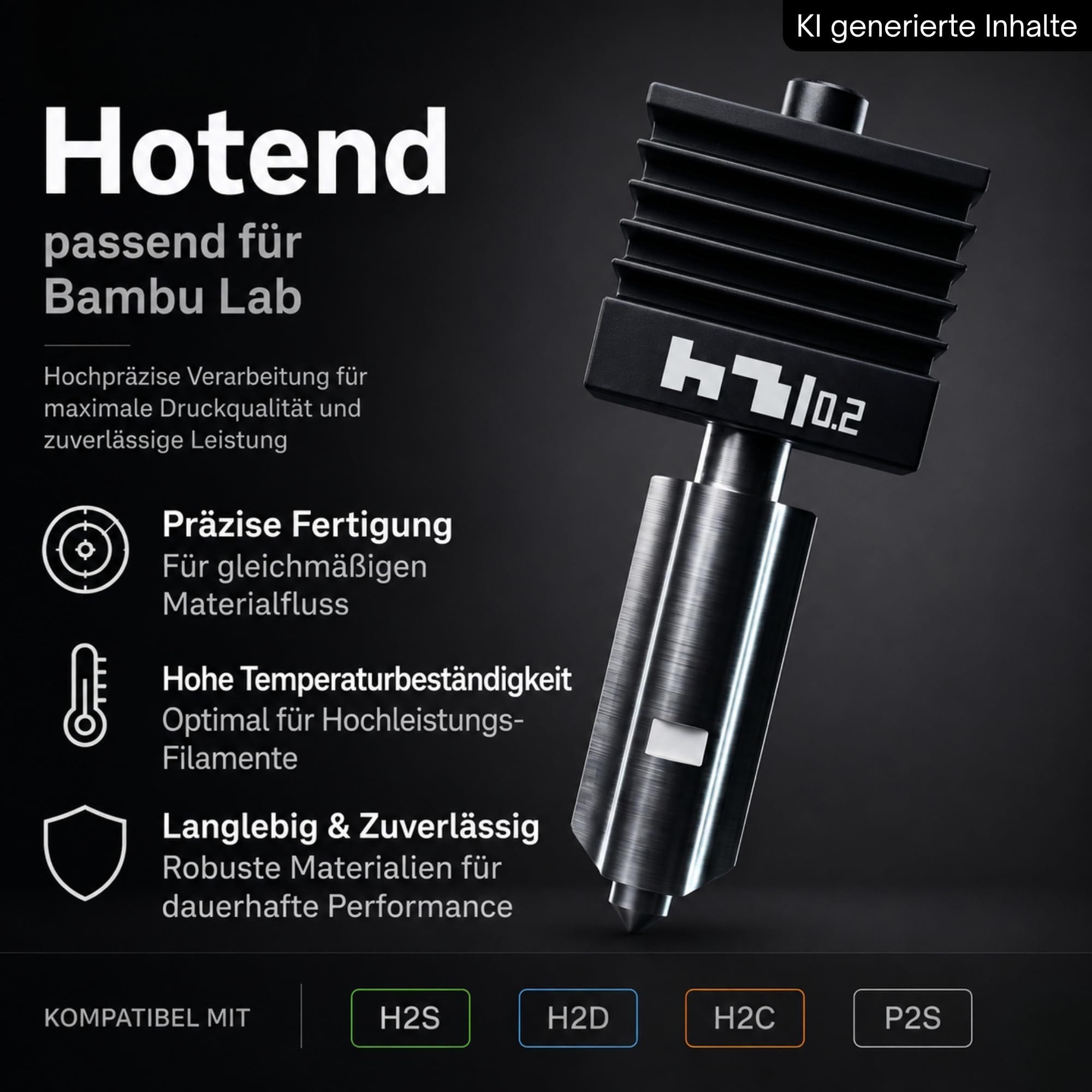 TronicXL 3D-Drucker P2S H2S H2D Hotend 0,2mm Düse passend für Bambu Lab 3D Drucker Nozzle, Zubehör Ersatzteil Ersatzteile