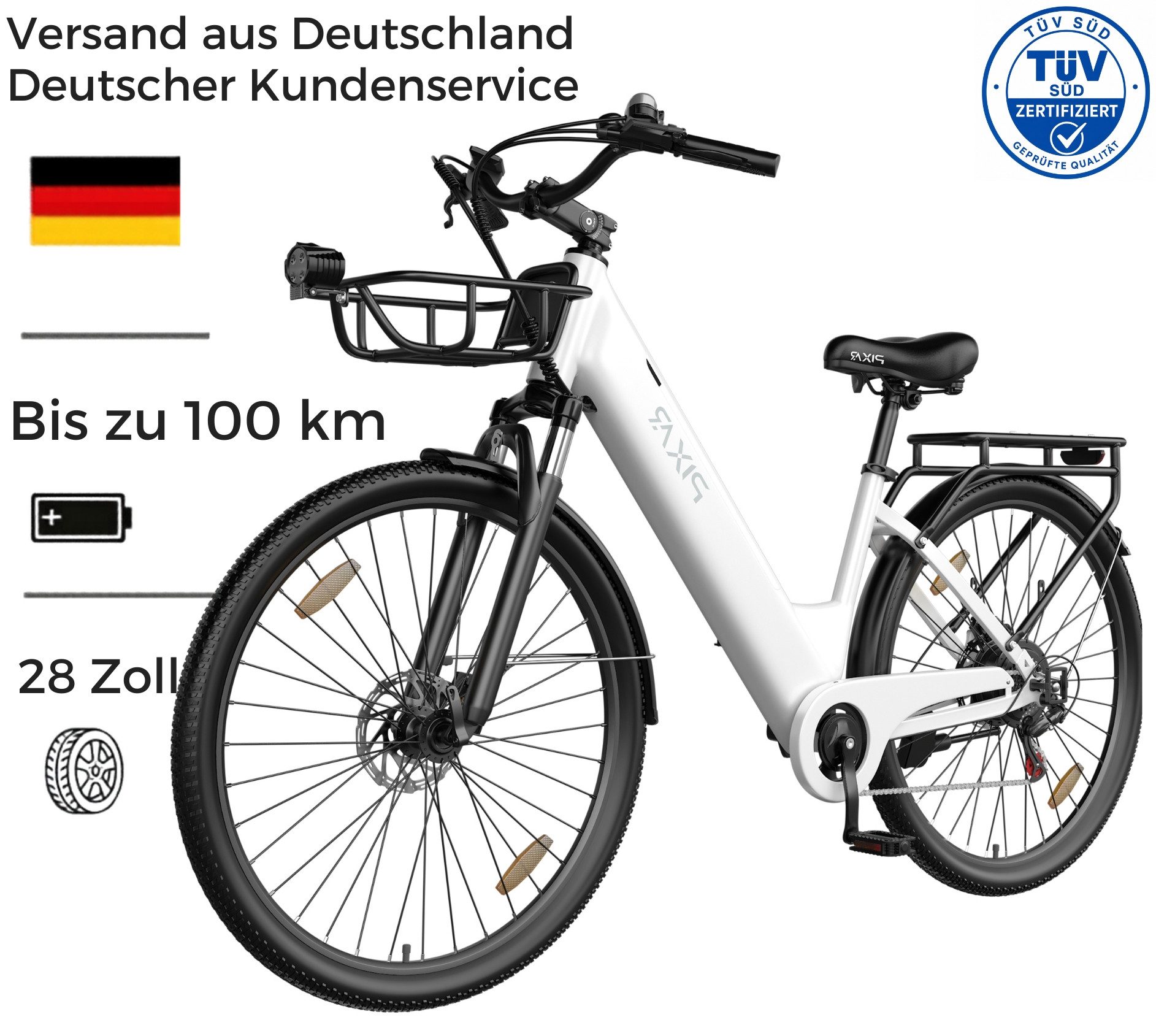 PIXAR E-Bike Cityrad Pedelec 28 Zoll 36V 18Ah bis 100 km Shimano 7 Gang, 7 Gang, Heckmotor, 648 Wh, Bürstenloser Motor, Bürstenloser Motor
