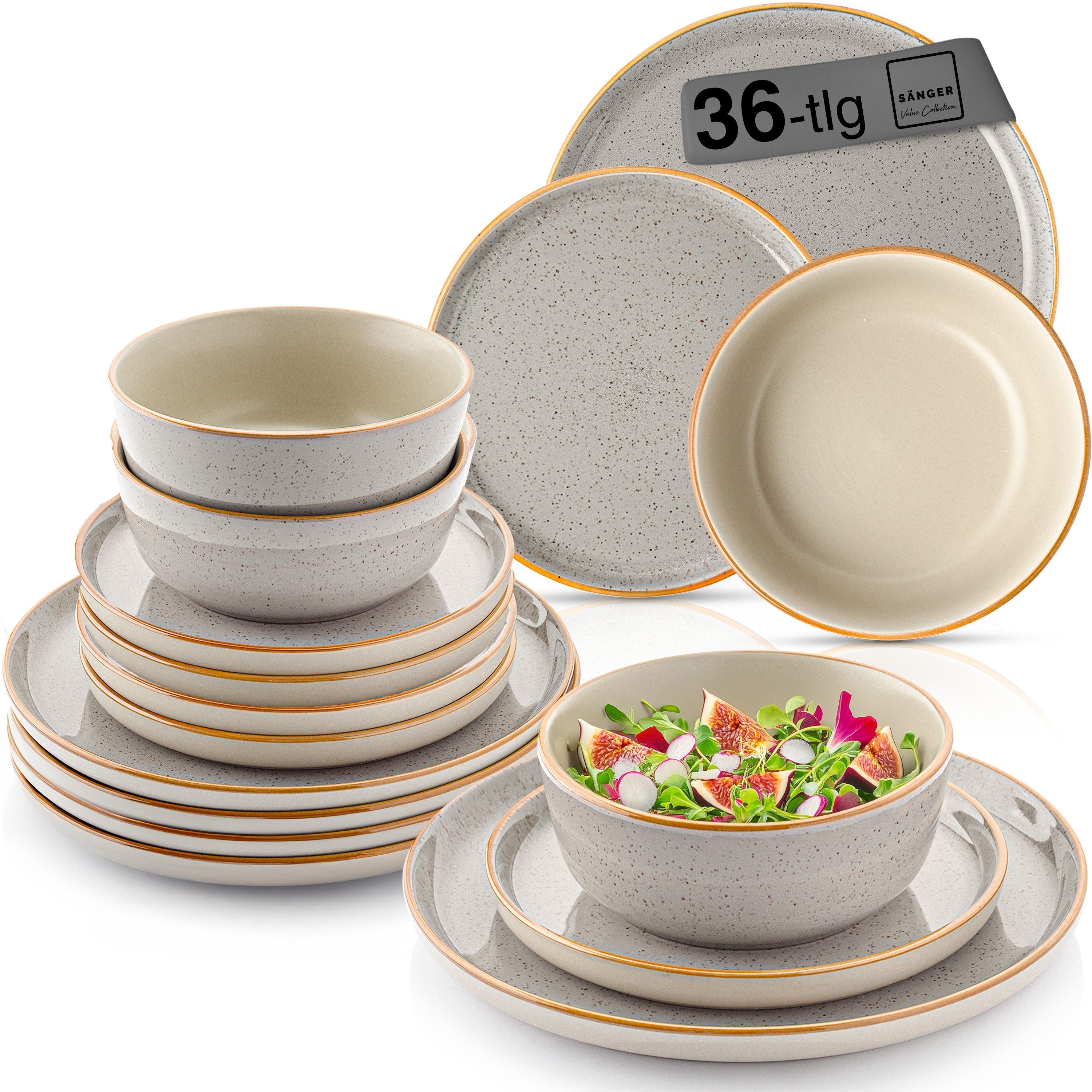 SÄNGER Tafelservice Rio Geschirrset (36-tlg), 12 Personen, Steingut, Handmade, Perlgrau, Erweiterbar, VALUE COLLECTION