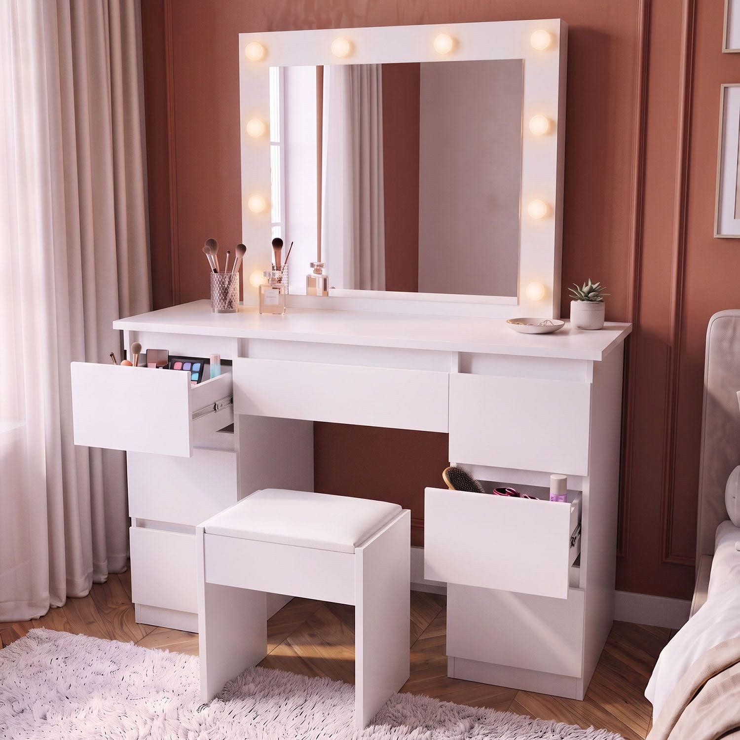 Juskys Schminktisch Talea mit Hocker Melly in Weiß, 80 x 65 cm LED-Spiegel & 7 Schubladen (3-St), Frisiertisch mit dimmbaren LEDs in 3 …