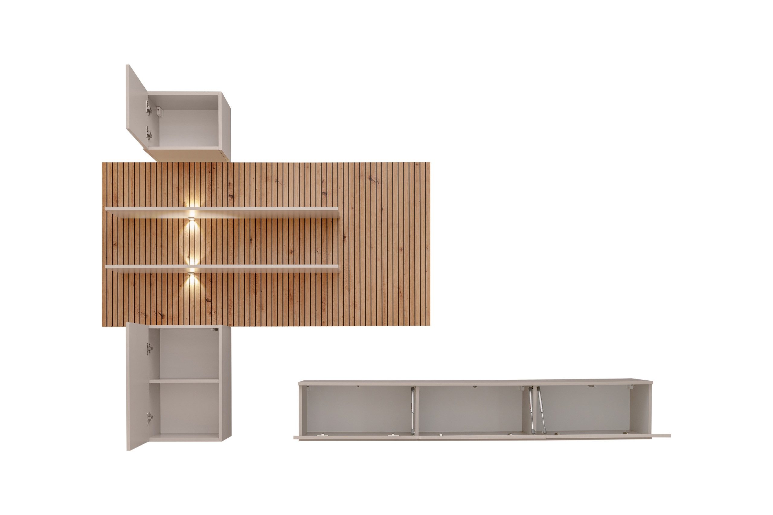 ASM-Moebel Wohnwand Wohnzimmer Schrankwand GUSTO PW B mit Led B. Push - Click, Mit Led Beleuchtung, Push-Click System und Lamellen Optik – Bild 3 von 5