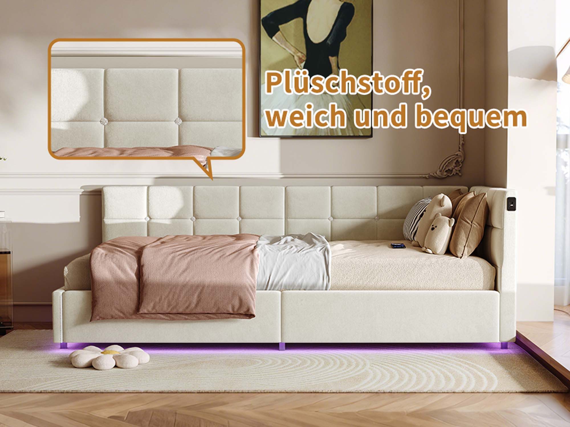 zebery Polsterbett Daybett Tagesbett LED Einzelbett 90x200cm (Hydraulisch hebbarer Stauraumbett), Jugendbett mit USB & Type-C,Samt,Beige – Bild 2 von 5