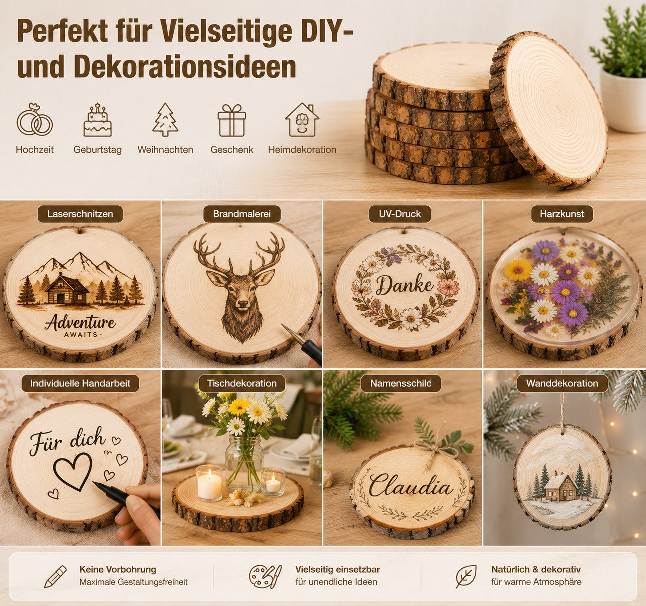 ElitVita Bastelnaturmaterial Holzscheiben 18-20 cm,Basteln DIY Deko,Perfekt Hochzeit,Tischdeko, (6-tlg), für DIY Handwerk Hochzeit Weihnachten Dekoration