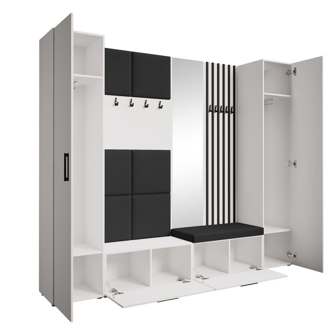 Beautysofa Garderobenschrank mit gepolsterten Paneelen und Spiegel MARGARET XL (zwei praktische Schuhschränke und zwei komfortable Kleiderschränke mit Kleiderstangen) mit dekorative Lamellen und praktischen Kleiderhaken