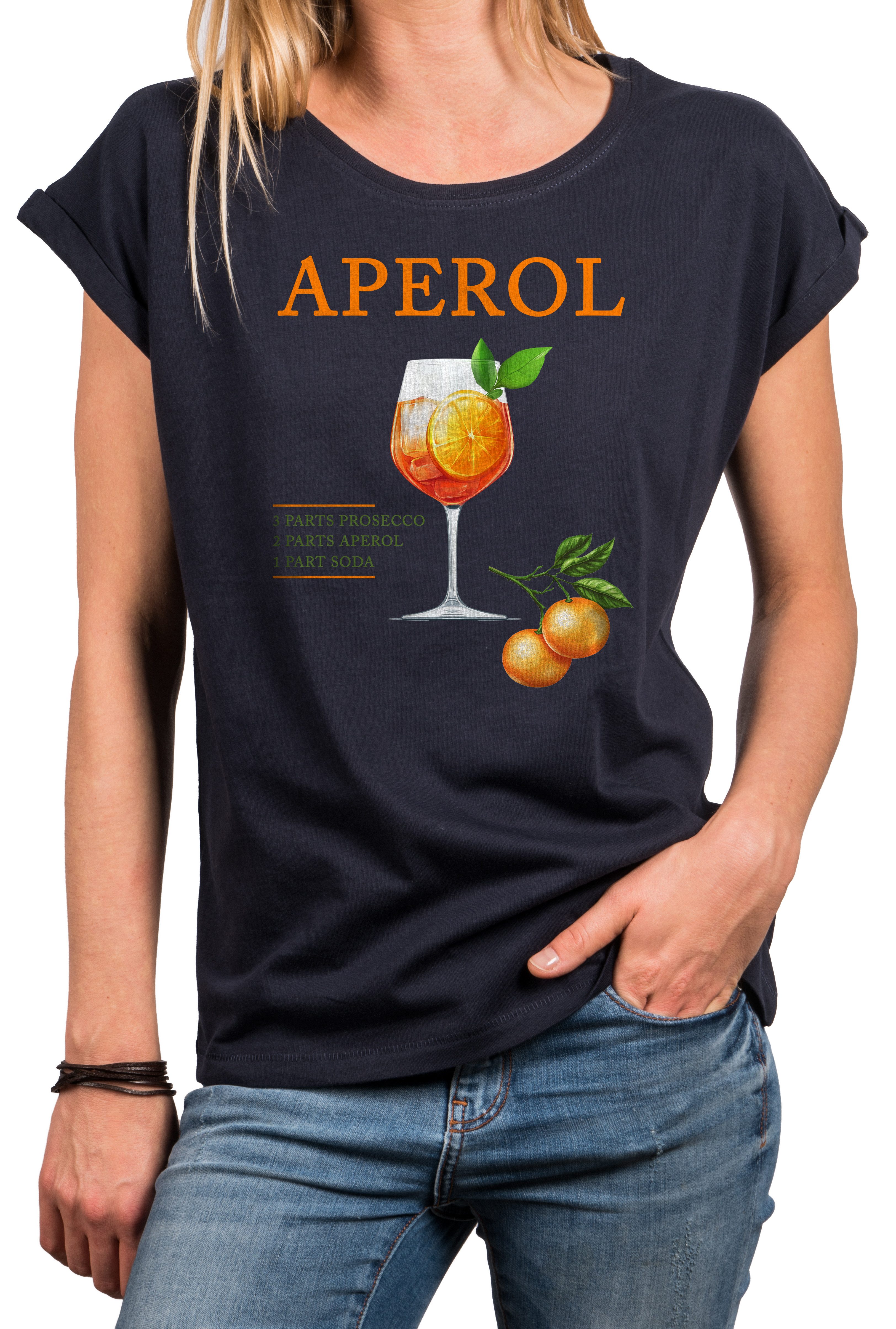 MAKAYA Print-Shirt Damen mit Orangen Motiv Aperol Spritz Glas Party Outfit günstig online kaufen
