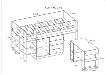 Domando Hochbett Hochbett Sondrio Breite 204cm, mit integrierten Schränken, Schreibtisch und Regal