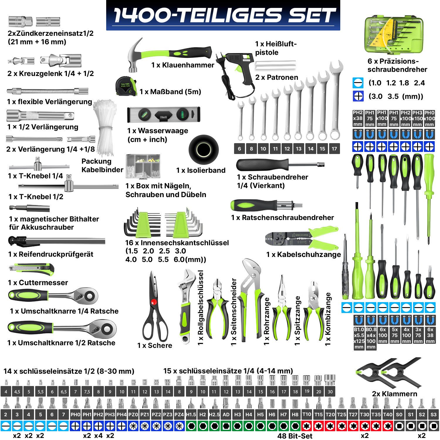 MASKO Werkzeugtrolley Werkzeugkoffer 1400-teilig, Werkzeugkasten aus Aluminium mit Rollen (gefüllte Werkzeugkiste mit Profi-Werkzeugset aus 1.400 Einzelteilen), Werkzeugwagen für Werkstatt, KFZ & Haushalt mit Werkzeugen & Zubehör