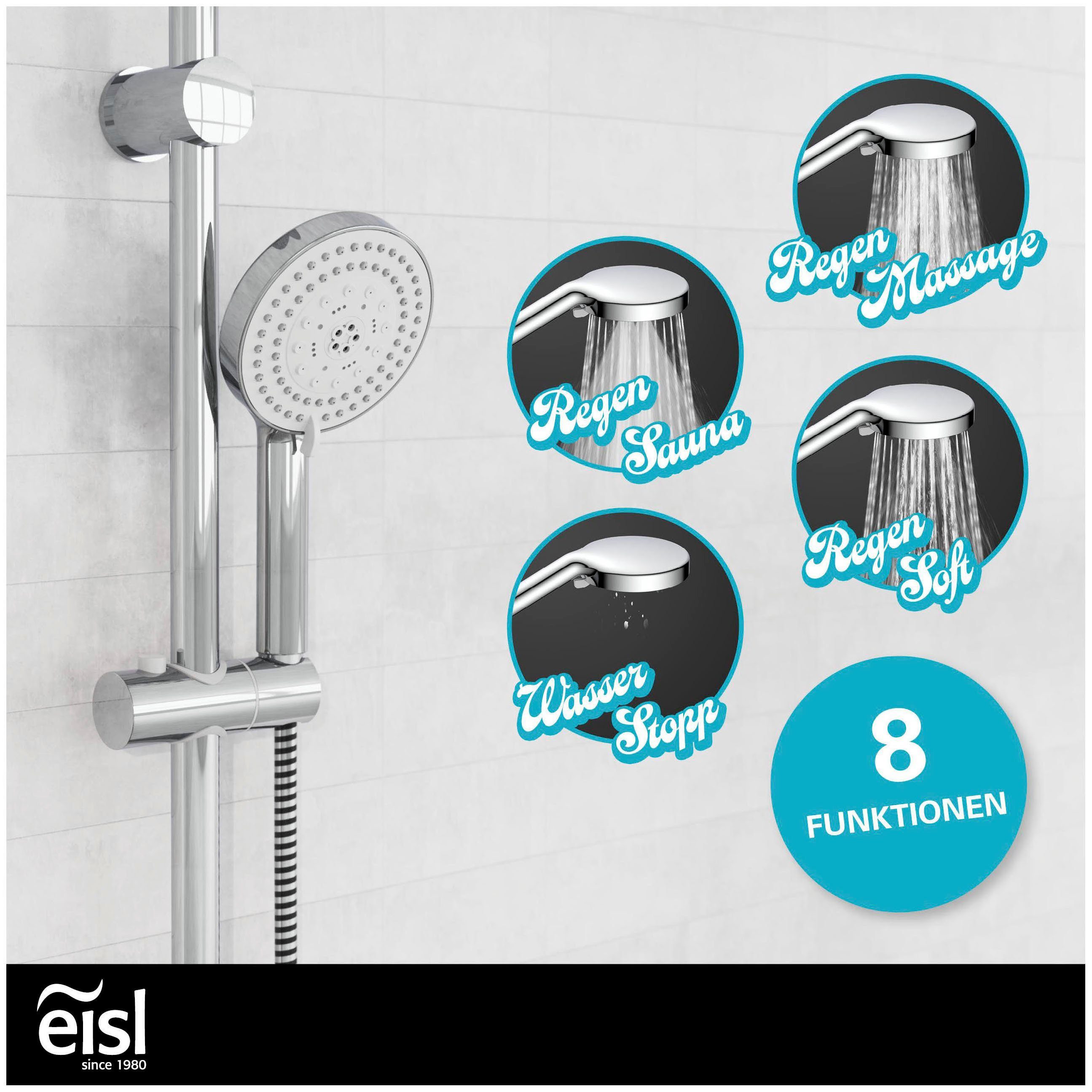 Eisl Brausegarnitur STORM, Höhe 24 cm, 7 Strahlart(en), wassersparend, Antikalk, 7-fach verstellbar, Wasserstoppfunktion